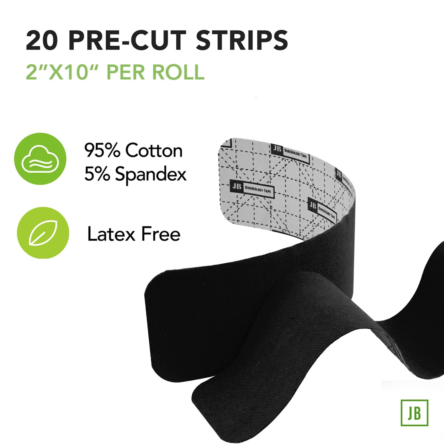 JB Tape Kinesiology Tape – 80 Precut 10-Inch Strips – Black – Elastic, Latex-Free, Water Resistant – Athletic Muscle & Joint Support – 4 Rolls