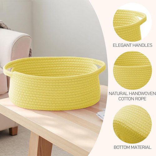 JMvicyroam Woven Basket - Small Rope Storage Bin with Handles | Organizer for Shelves & Closets - Yellow, 2 Pack