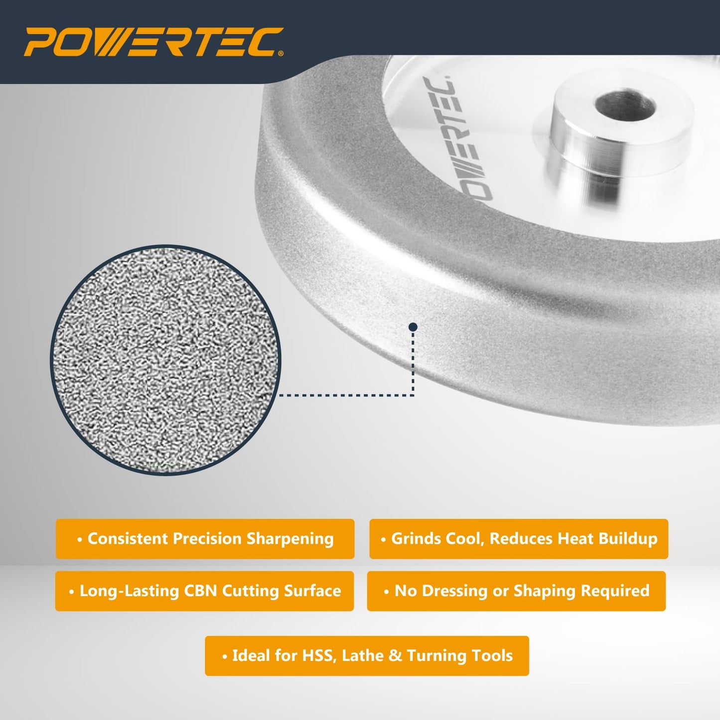 POWERTEC CBN Grinding Wheel 6 Inch 320 Grit, 1-1/4" Wide, 1/2" Arbor – 4-in-1 CBN Sharpening Wheel with 1/4" Radius Edge and Side Face for Bench Grinder (15708)