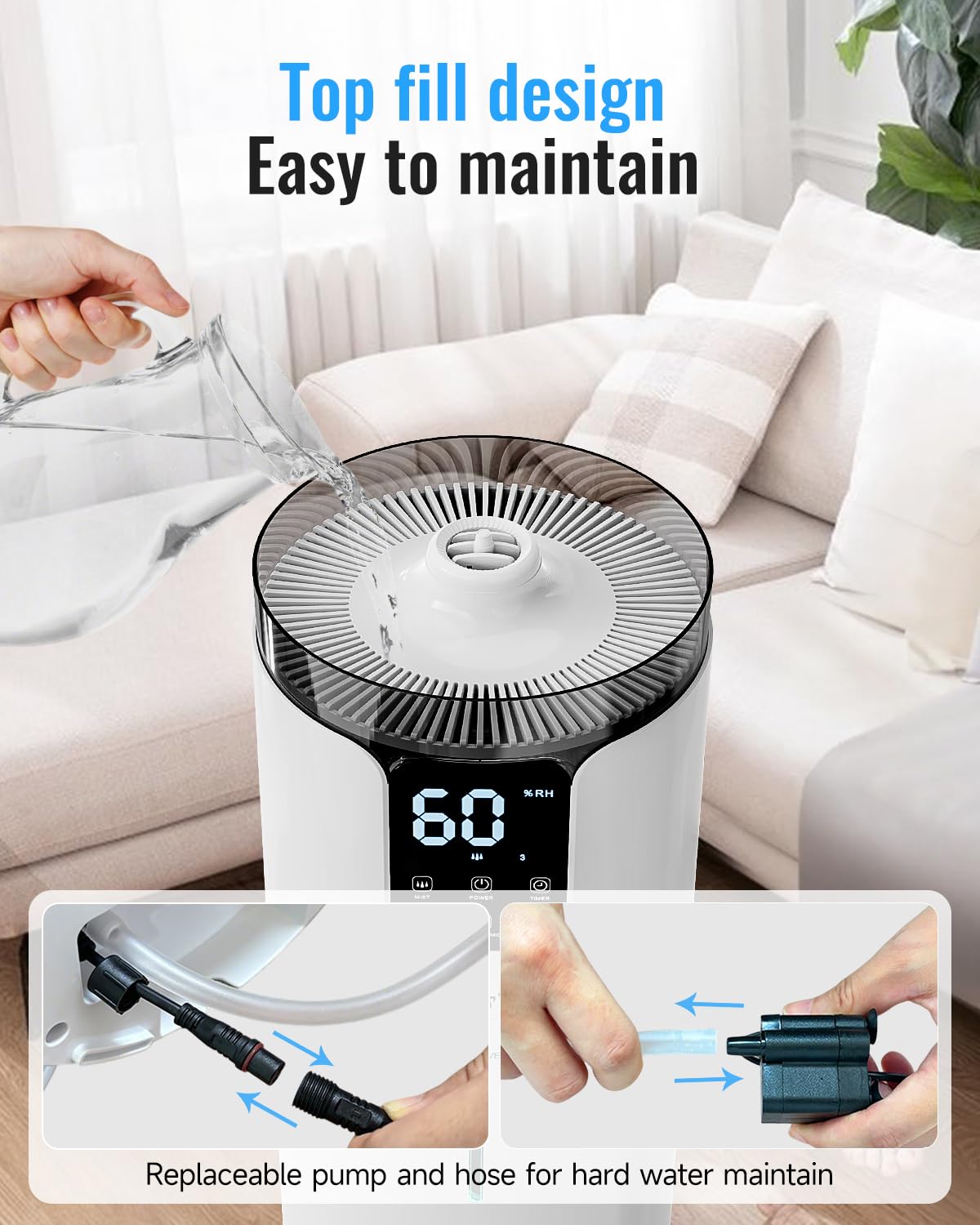Humidifier large room 16L/4.2Gal - Lacidoll Whole house Humidifier for Home1500 sq.ft. Ultrasonic Cool Mist Humidifiers for Bedroom with Extension Tube & Aroma Box & Night light, White