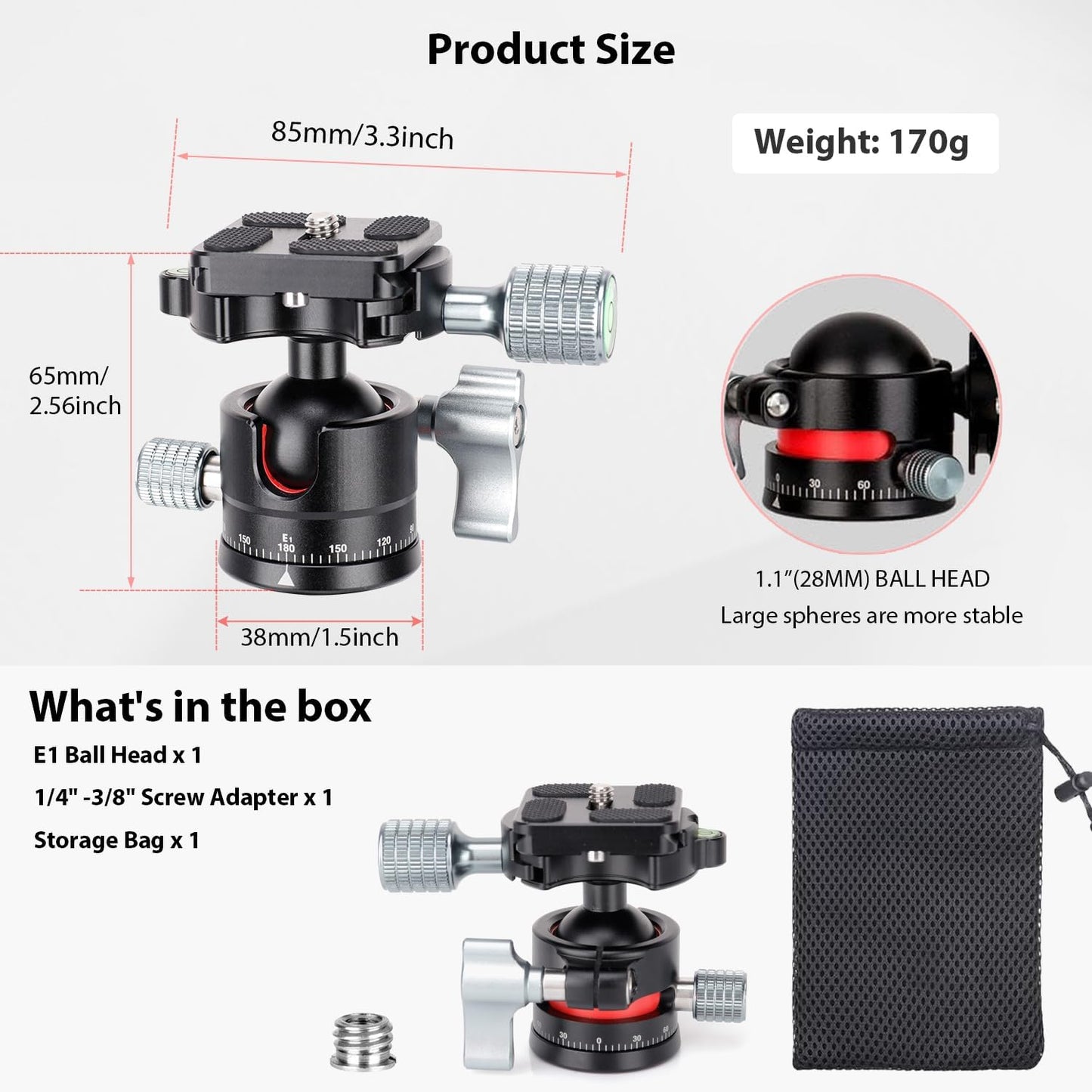 koolehaoda 360 1/4" 28mm 22lbs/10kg E1 Tripod Head Mini Ball Head Camera Panoramic Head with Screw Arca Type Quick