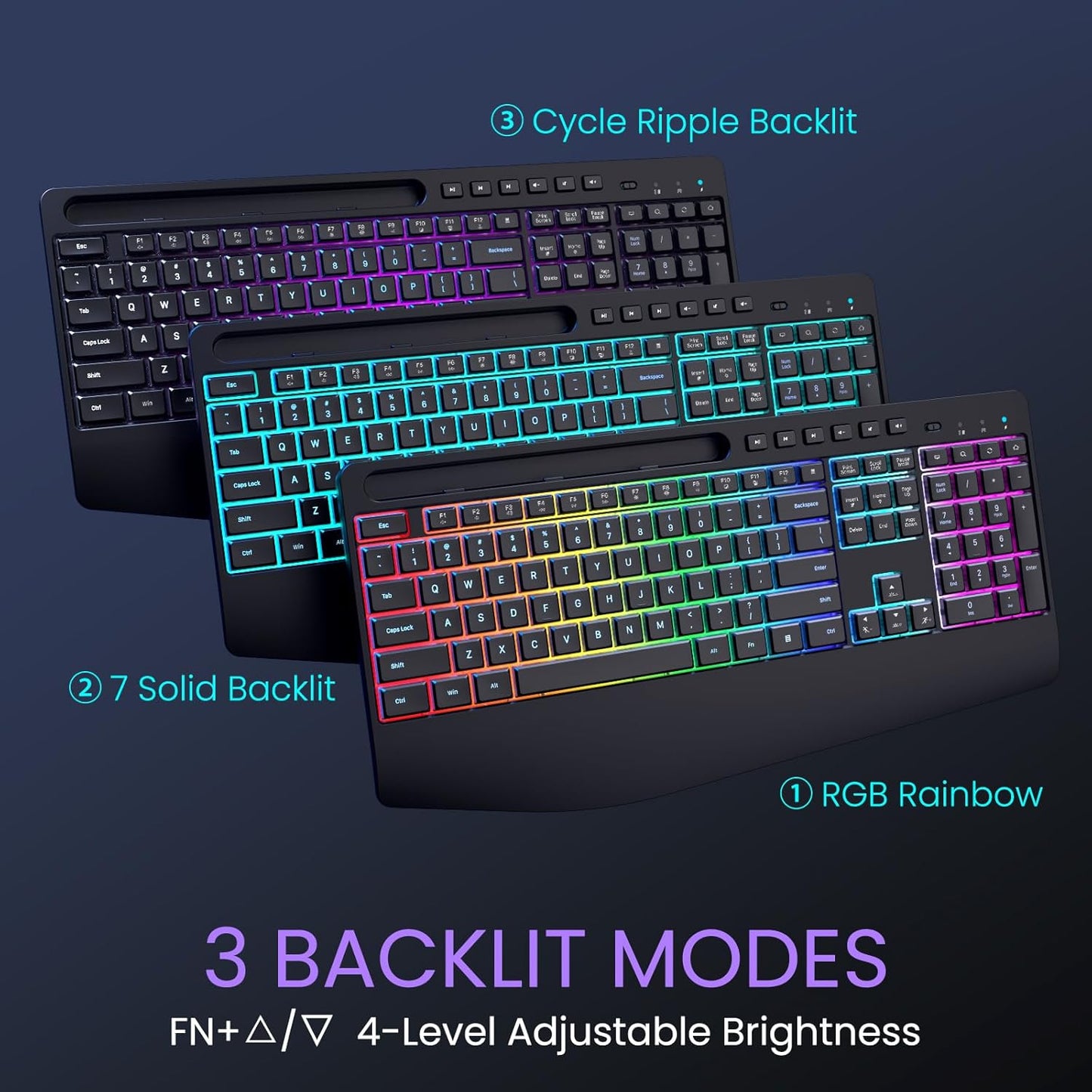 VEILZOR 2.4G 9 Set Wireless Keyboard and Mouse Combo- Rechargeable Keyboard with Phone Holder, Ergonomic Wrist Rest
