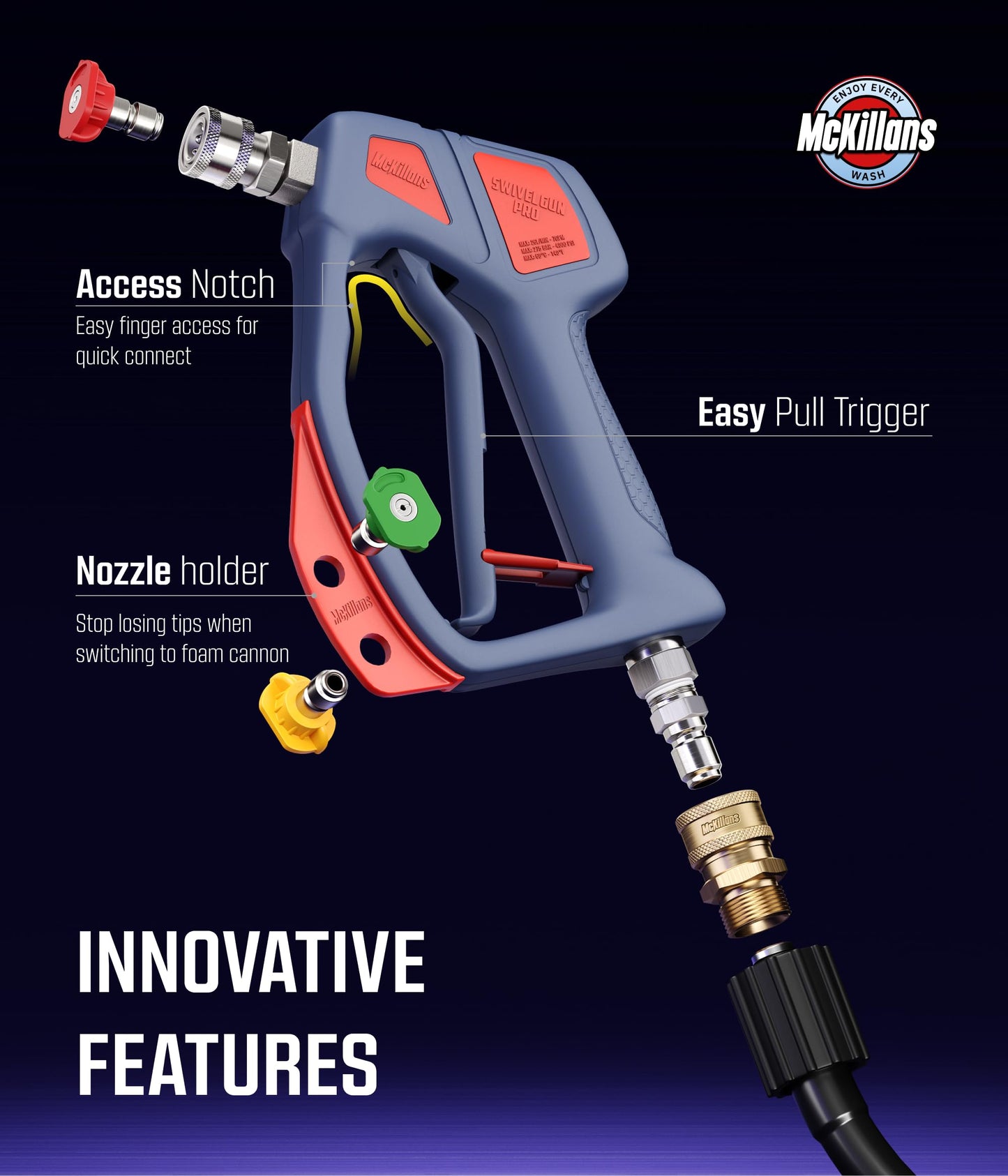 McKillans® Swivel Gun PRO + Foam Cannon Wide Mouth + Car Pressure Washer Extension Wand + Stainless Steel Quick Connect Kit M22-14mm to 3/8" Male Female Quick Disconnect Kit for Power Wash Bundle