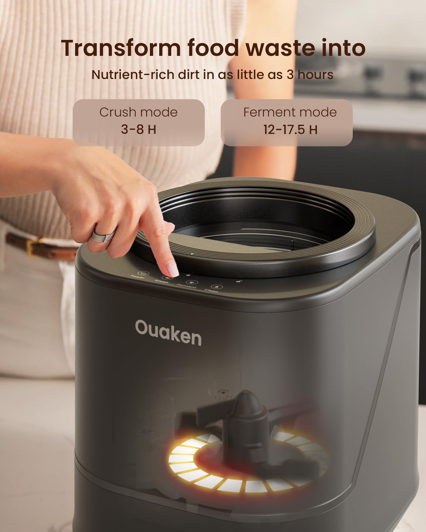 Ouaken 4L Electric Composter for Kitchen, Smart Countertop Compost Bin, Odorless | Low Noise | Auto-Cleaning | Turn Food Waste into Fertilizer, Indoor Food Waste Compost Machine, Black