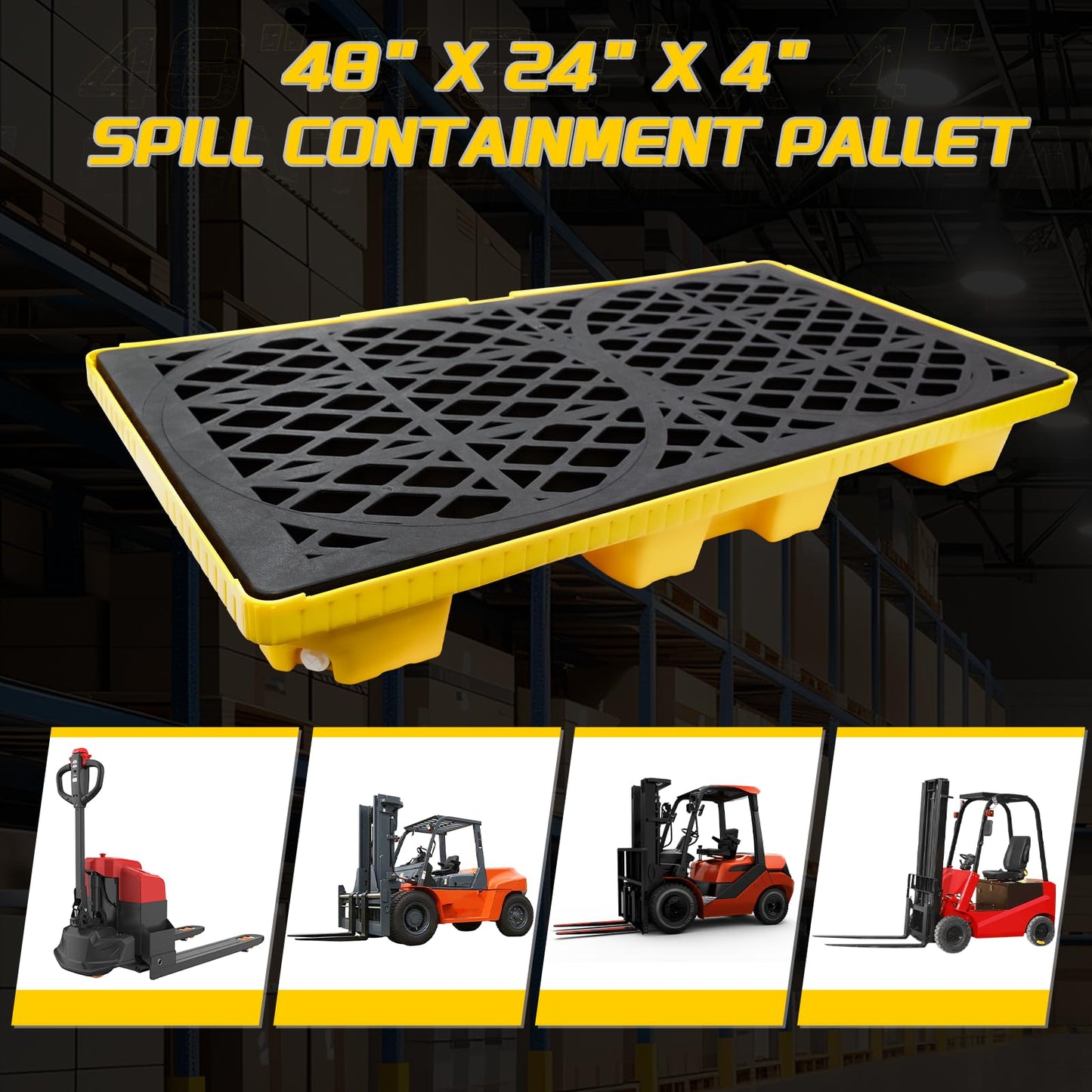 2 Drum Spill Containment Pallets with Drain & Forklift Pockets, Leakproof Platform for Garage, Basement, Industrial Storage (1 Pack, 48" x 24" x 4", 4400lbs Load Capacity, 11.89 Gallon Sump)