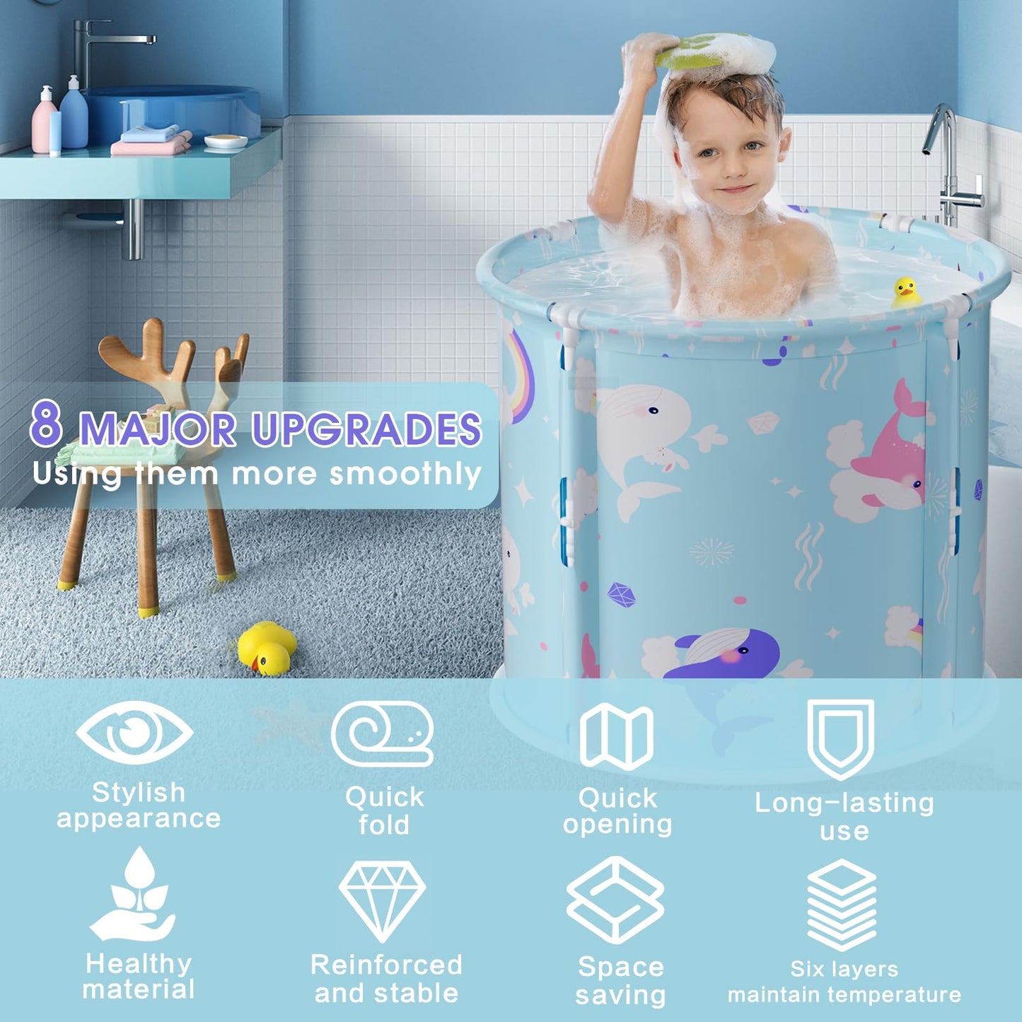 Portable Bathtub, Foldable Bathtub for Kids, Boys and Girls, Therapy Tub for Shower Stall Bathroom Fold Up Japanese Soaking Hot SPA Bath Tub, Outside Ice Bath 21.65''x23.62''(Ocean World Blue)