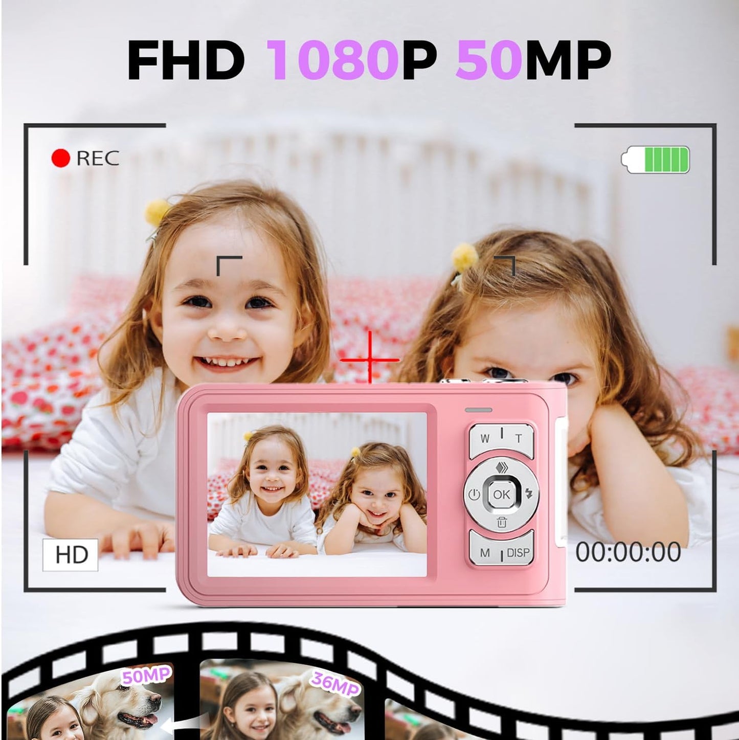 GCORDER 3-18, 50MP 1080P 16X 3-12, 13-18 Digital Camera,Pink Digital Camera for Kids Teens FHD Compact Camera with GB