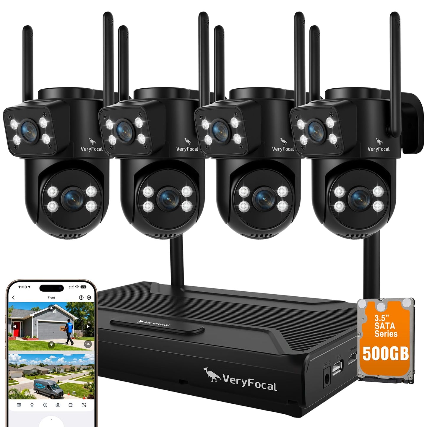 VeryFocal Dual Lens Wireless Security System, 4PCS 2-in-1 Cameras, 4K 10CH NVR, 500GB HDD, 24/7 Recording, WiFi 6 Mesh Long Range, No Subscription, AI Tracking, IP66 Waterproof for Home Office Outdoor