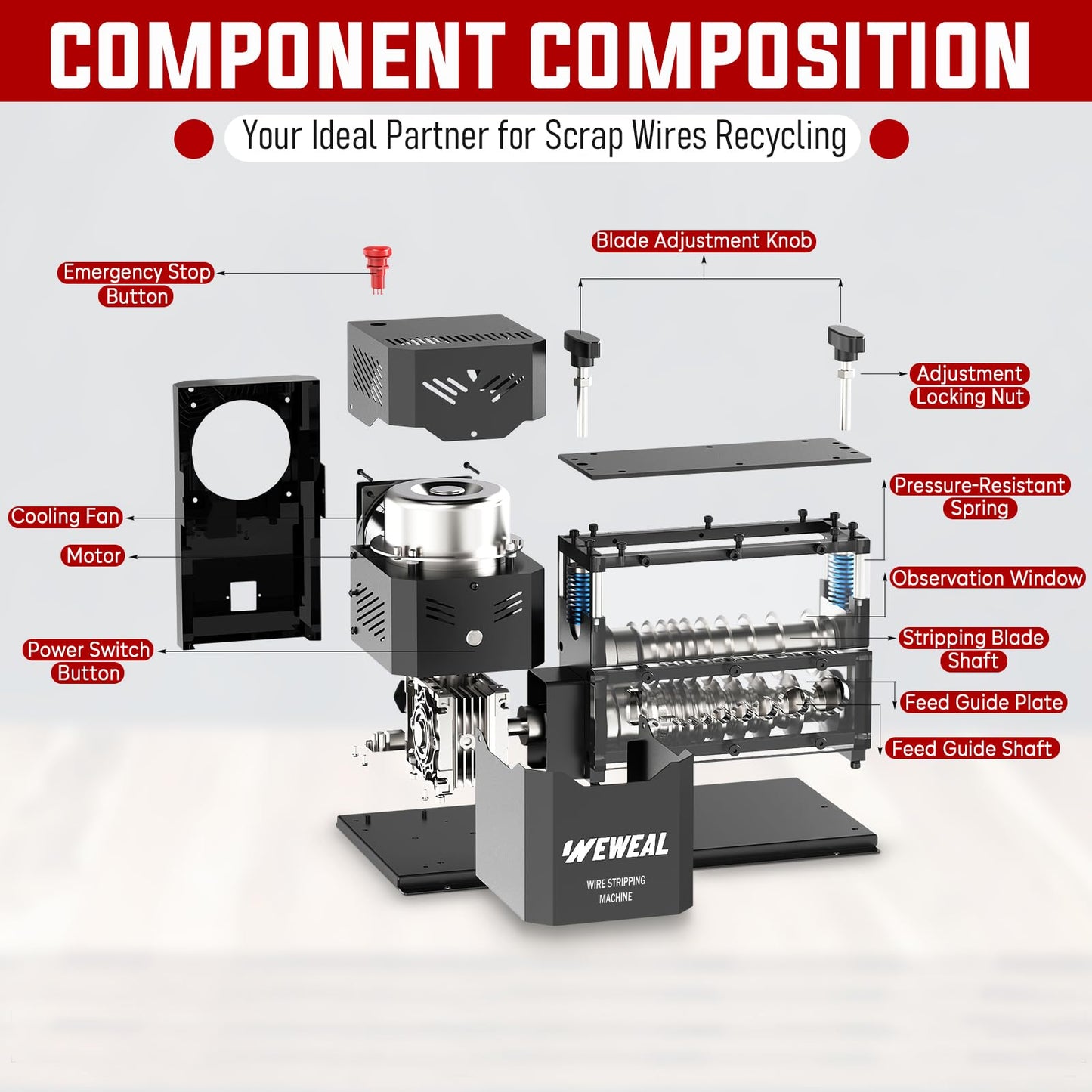 WEWEAL Wire Stripper Machine - 700W 0.06''- 1.5'' Electric Wire Stripping Machine with 11 Channels 10 Blades - Heavy-duty Automatic Cable Stripper for Workshop Copper Recycling