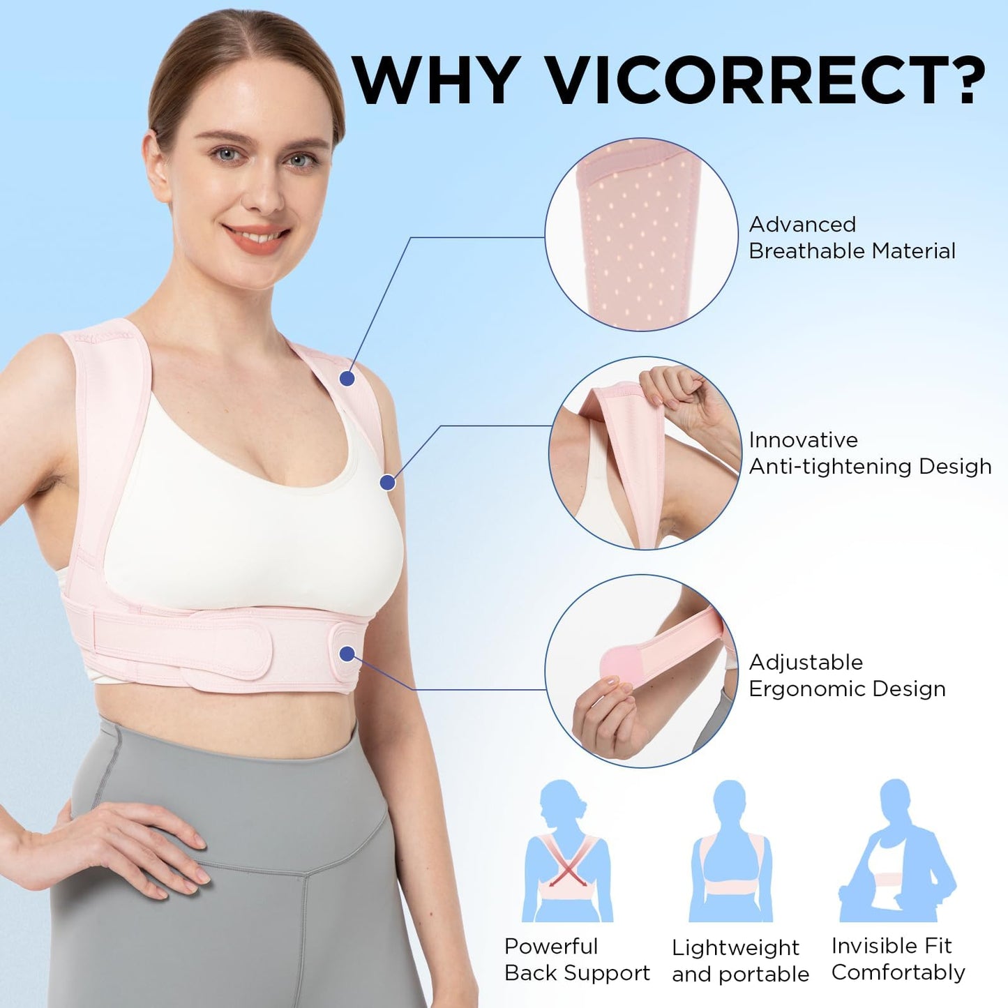 Vicorrect Posture Corrector for Women and Men: Adjustable Brace Straps for Upper Back Pain Relief and Shoulder Support (Pink, M/L)
