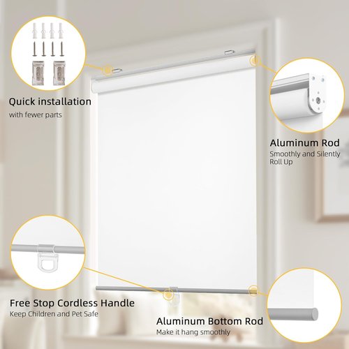 ChrisDowa 100% Blackout Roller Blinds - Cordless, Thermal Insulated, UV Protection | White, 31" W X 72" H