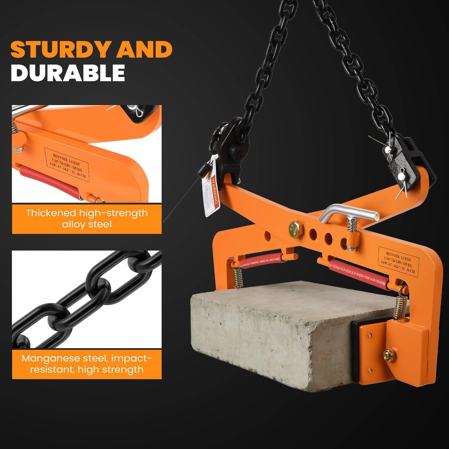 HEYVOZE 716 lbs Granite Slab Lifting Clamp, 4.7–14.2 in Adjustable Opening, Heavy-Duty Stone Lifting Clamp for Vertical Handling of Marble, Concrete Blocks, Slate Slabs, and Curb Stones