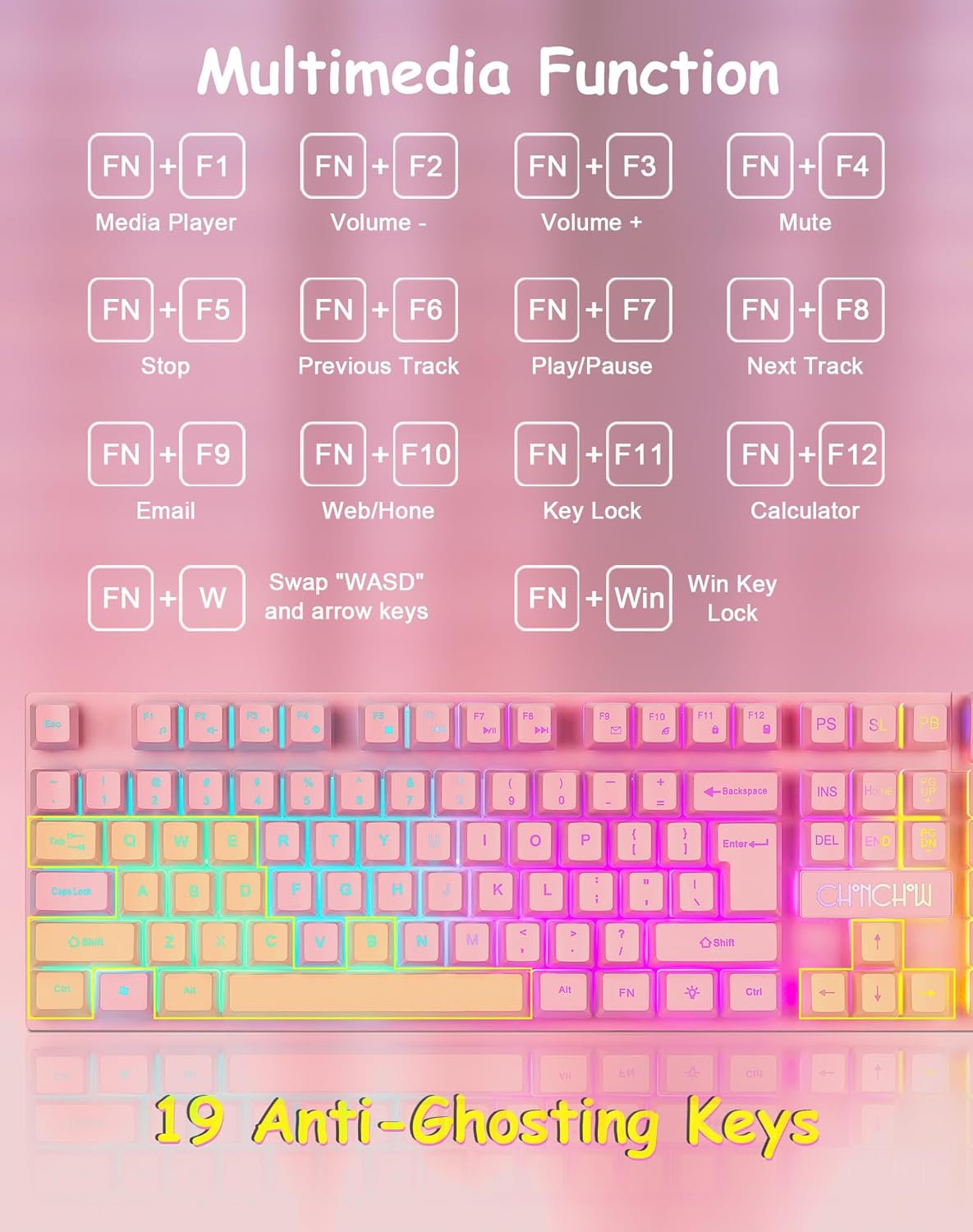 CHONCHOW 104 19 3 Light Up Cute Pink Gaming Keyboard, Keys Full Size, Number Pad, Keys Anti-Ghosting, Multimedia