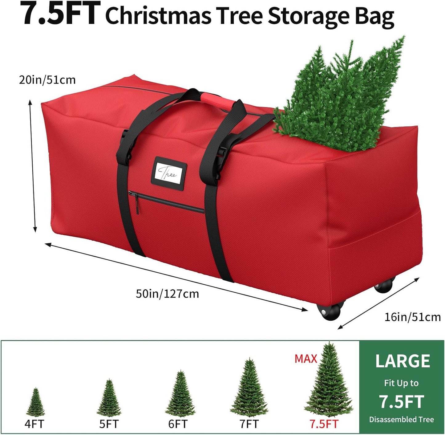 Rolling Christmas Tree Storage Bag - Extra Large Container for 7.5 ft Artificial Trees | Red with Wheels & Handles