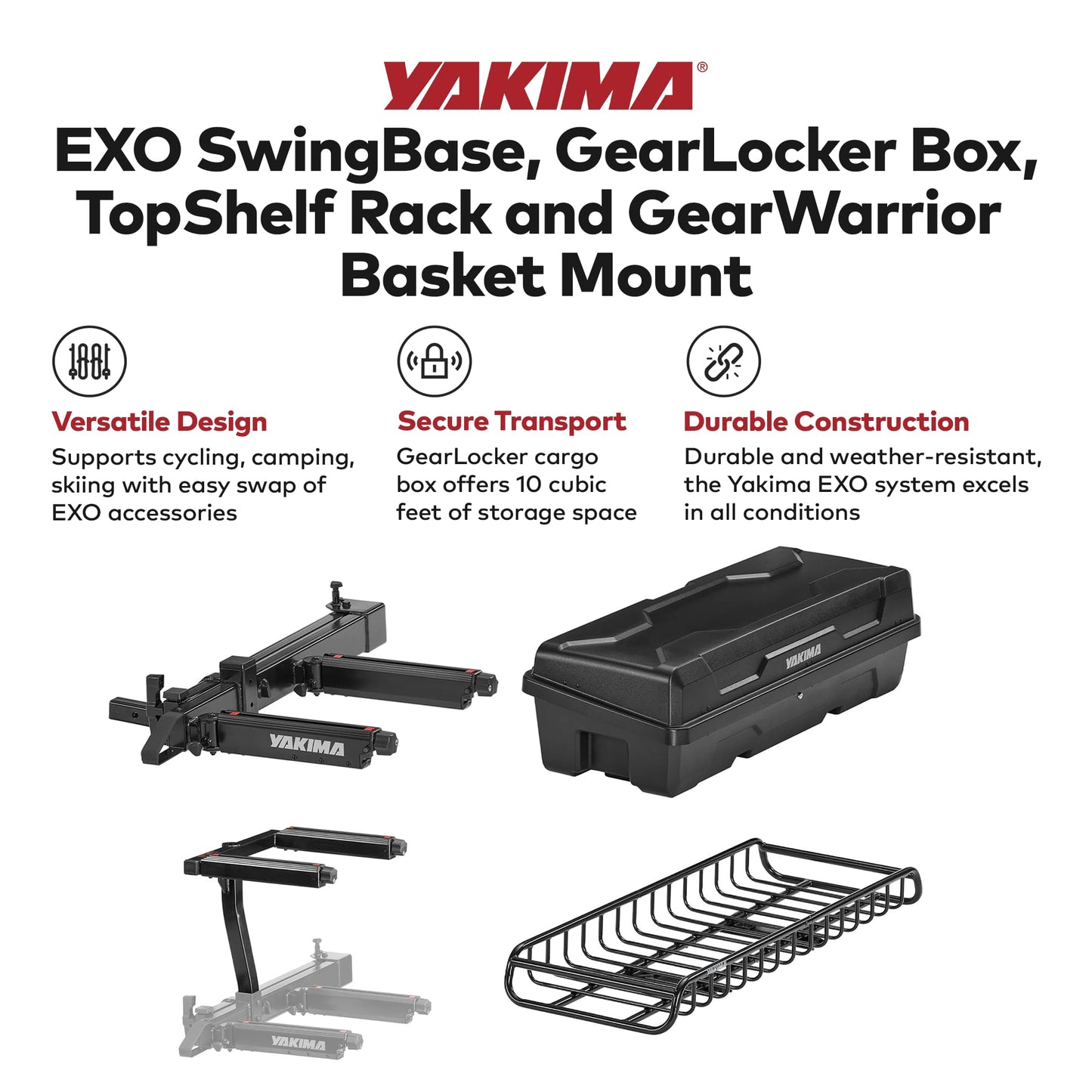 Yakima EXO SwingBase Hitch Rack Bundled with EXO GearLocker Rooftop Box, EXO TopShelf Hitch Base Rack Storage, and EXO GearWarrior Basket Mount, Black