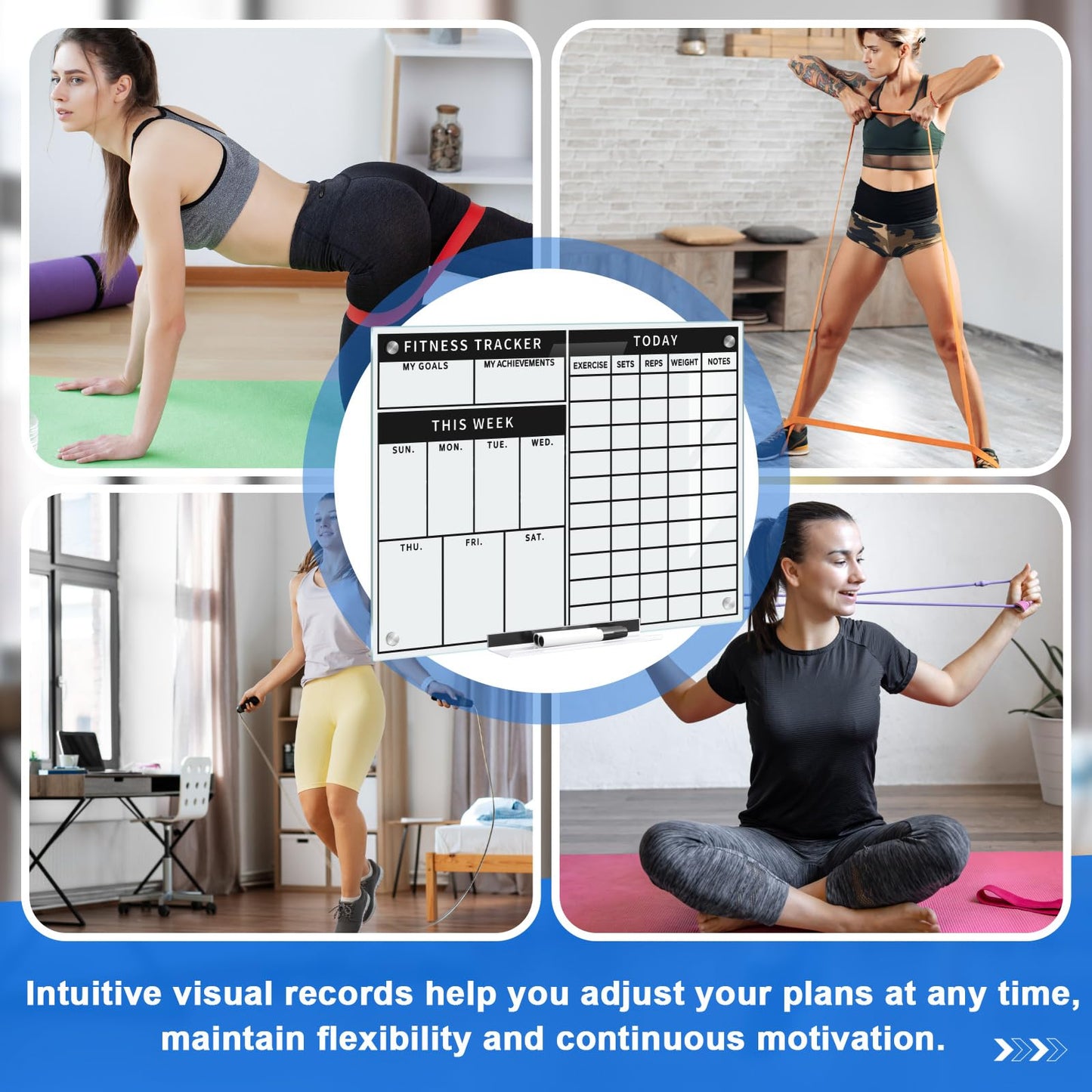 Lincia Glass Dry Erase Whiteboard Fitness Tracker 24 X18 Inch Frameless Mounted Schedule Planner Goal and Task Whiteboard for Home Apartment and Gym Use Marker and Eraser Included