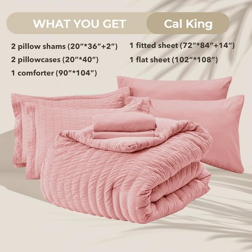 HYMOKEGE California King Comforter Set - Luxury 7-Piece Seersucker Bedding in Rose Pink