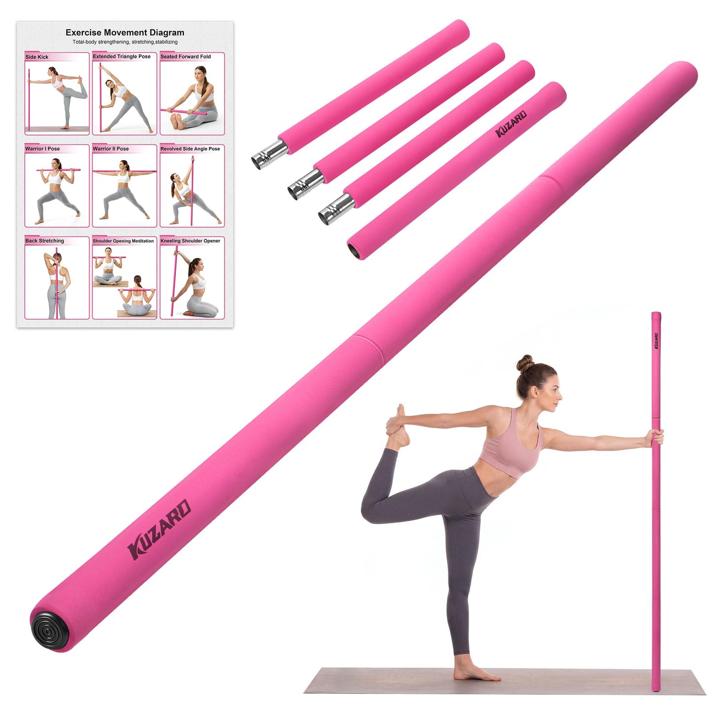 Yoga Stick, 58 Inch Mobility Stick with 3 Adjustable Lengths. Threaded Stable Alloy Steel Exercise Equipment for Stretching, Fitness, Posture Correction & Therapy - For Women & Kids at Home