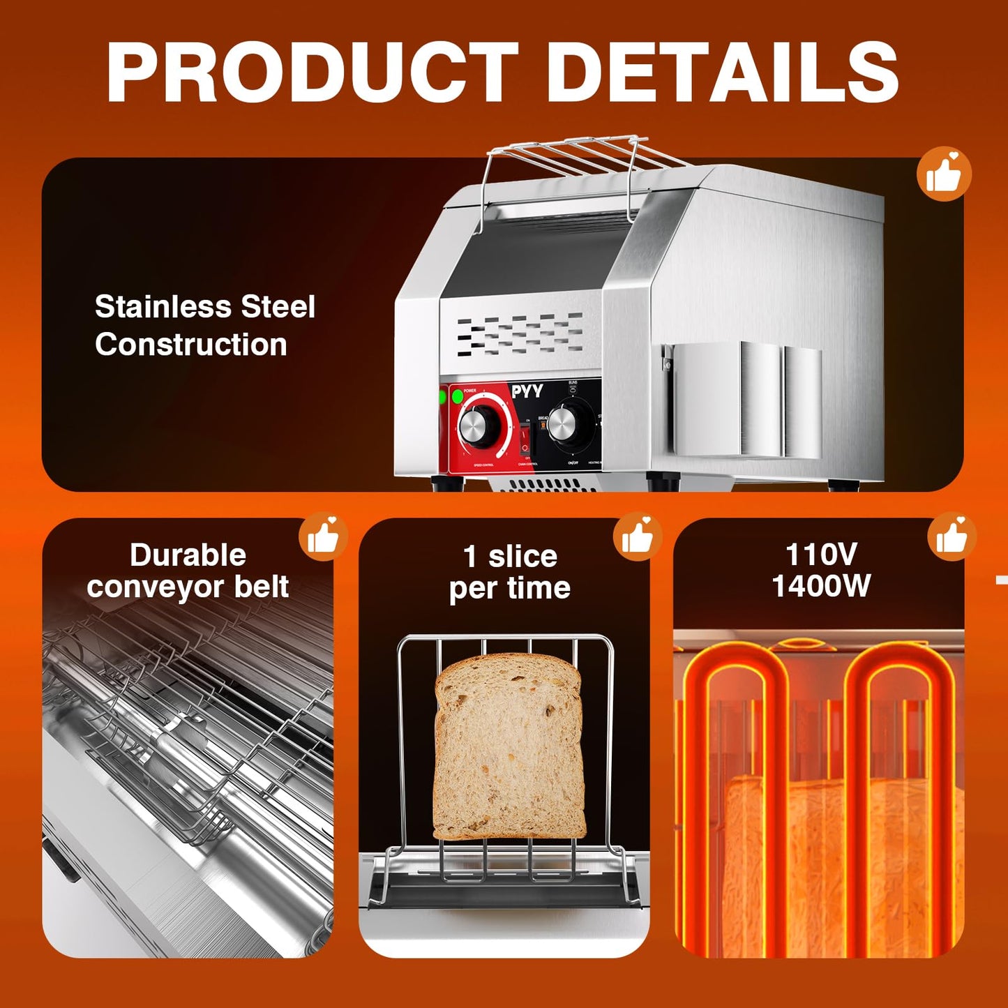 PYY Commercial Conveyor Toaster 150pcs/h - Electric Conveyor Belt Toaster for Toast, Bun, Bagel, Bread, Heavy Duty Stainless Steel Toaster Oven for Restaurant, Bakery, Buffet Use