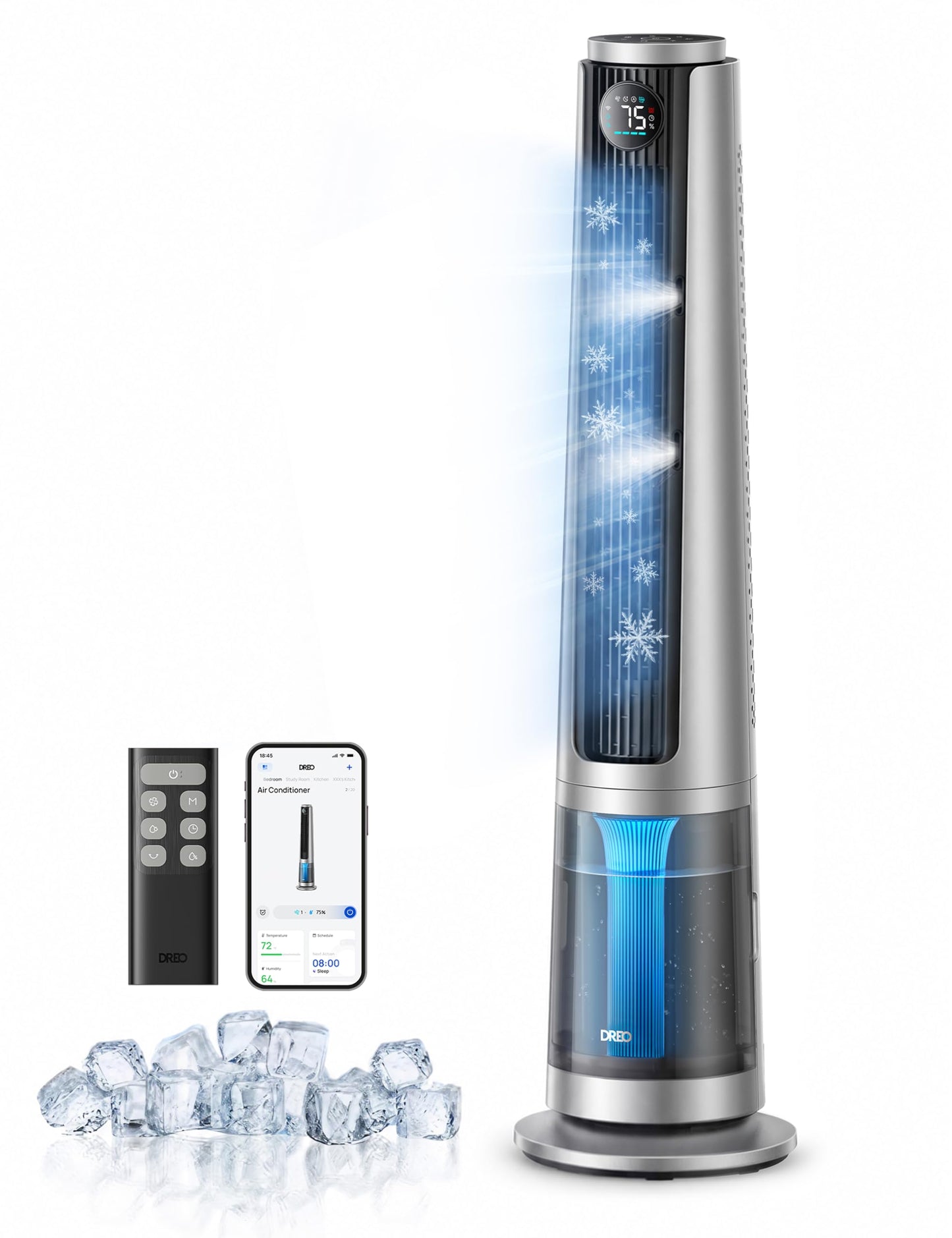DREO TurboCool Misting Fan 765S, Fans that Blow Cold Air, 10°F Cooling, 34ft/s Fast Evaporative Air Cooler, 6L Tank, 20 dB Quiet DC Motor, 90° Tower Fan with 12 Speeds, 4 Modes for Home, Silver