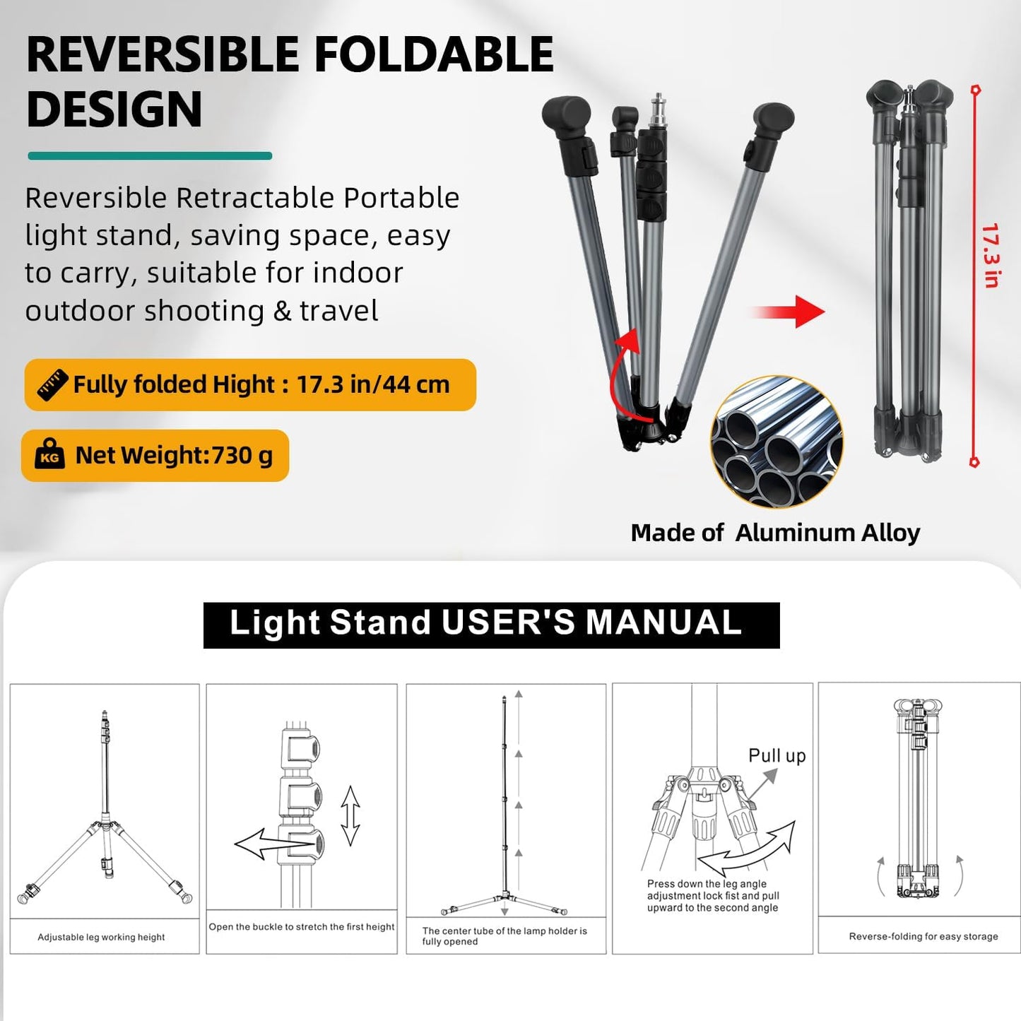 JEBUTU 6.6ft/2m Extendable Photography Light Stand, Adjustable Aluminum Light Tripod Stand for Travel, Reversible