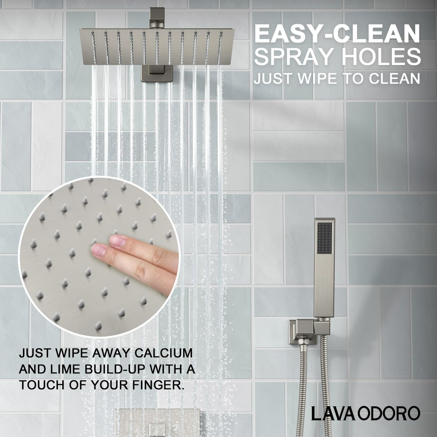 Lava Odoro Modern 3-Setting Square Shower and Tub Faucet Set with Shower Head and Handheld Sprayer Brushed Nickel, Rainfall Shower System with Tub Spout, Shower Valve Trim Kit, SF103-BN-T