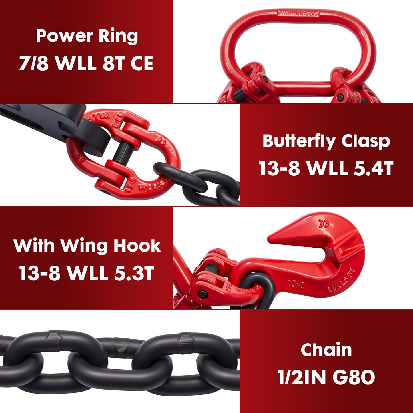 G80 Shipping Container Loading Chain (1/2" x 5'), Container Hooks with Hot Dip Galvanized V-Chain, Suitable for Cargo, Safety Locking Hooks for 20ft/ 40ft Shipping Containers, Trailers, Heavy Cargo