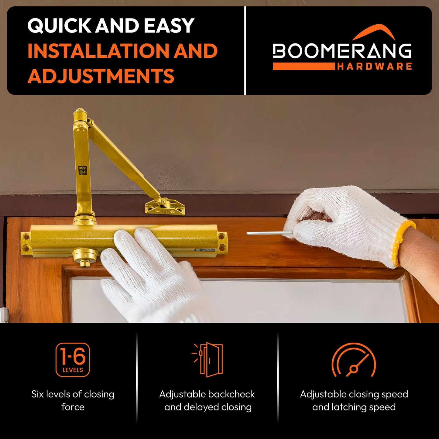 Boomerang Heavy Duty Designer Automatic Commercial Door Closer - D8016-Surface Mounted, Grade 1, Cast Aluminum, UL 3 Hour Fire Rated & ADA for high Traffic doorways, Painted Brass/Gold (US4)