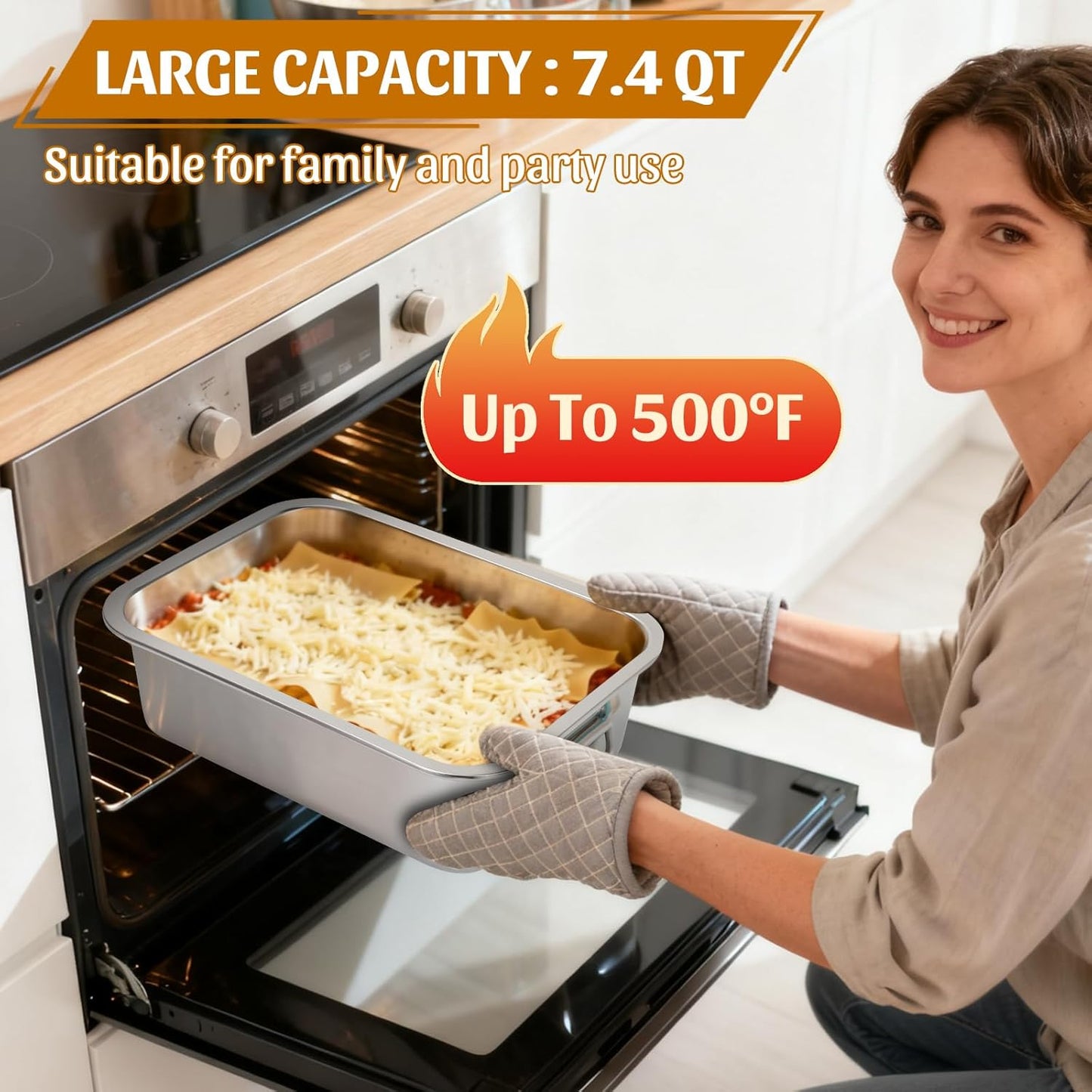 Skiennix 4-Inch Extra Deep Lasagna Pan - 7.4QT Stainless Steel Nonstick Baking Dish with Lid & Handles | 14x10.6x4 IN