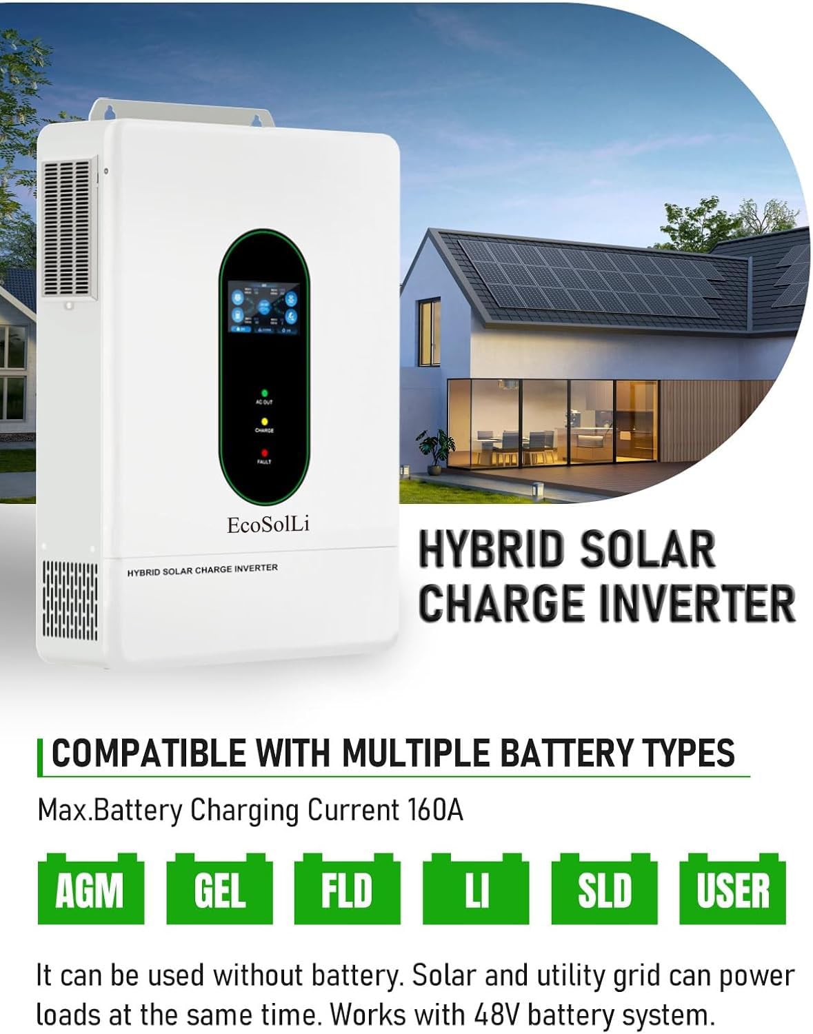 EcoSolLi 12000W Hybrid Inverter, 48V Split Phase Solar Inverter with WiFi, 120V/240V AC Input/Output (settable), Built-in 2 MPPT Solar Controllers, Max. 6 Parallel for Home, RVs, Lead Acid/Li,UL1741