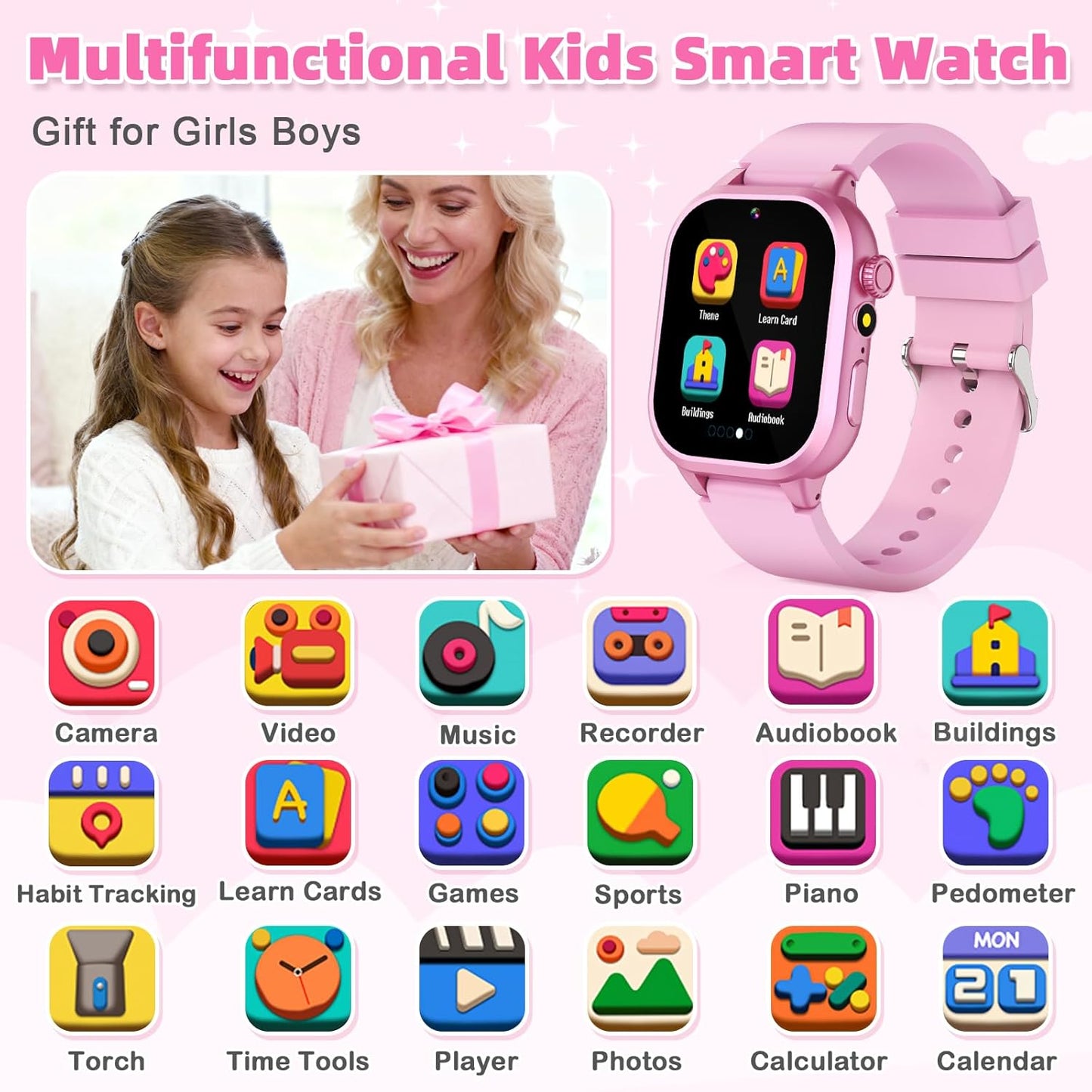 Dolwenqi 5-12, 40 5 6 7 8 9 10(Pink) Kids Smart Watch Girls Gift for Girl Aged Games HD TouchScreen Kids Watch