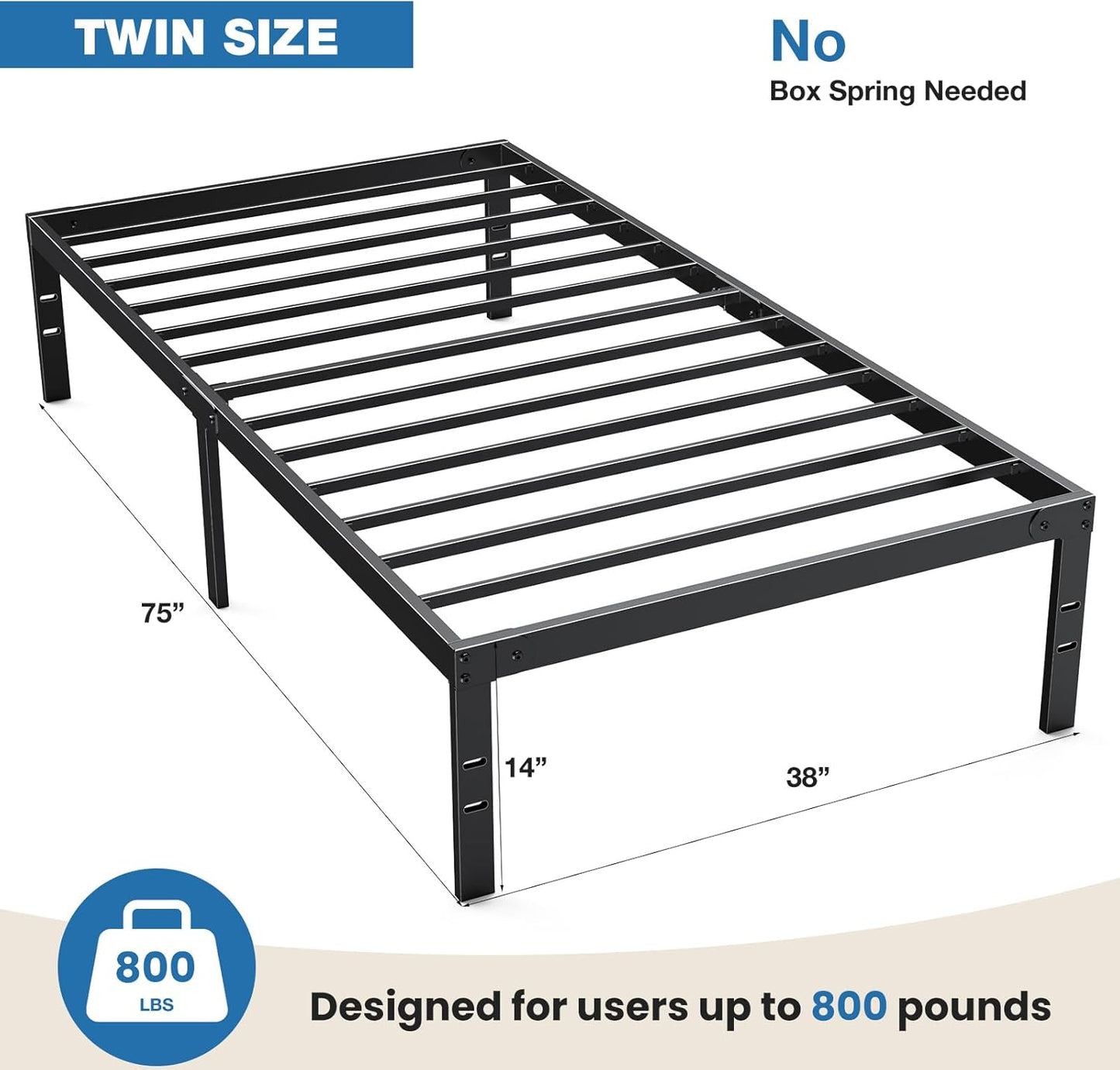 OLIXIS Metal Twin Bed Frame - 14-Inch High with Storage Space & Sturdy Steel Slat Support | 800LBS Capacity, Black