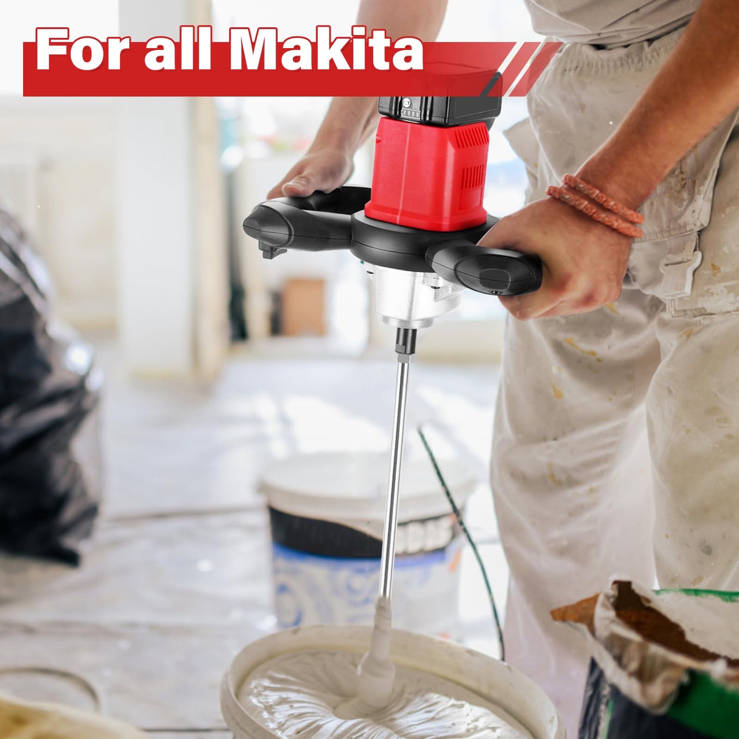 Meticuloso 1pcs Concrete Trowel with Extension Rod, Wall Smoothing Polishing Machine and 1pcs Cordless Concrete Mixer, for Makita 18V Max Battery