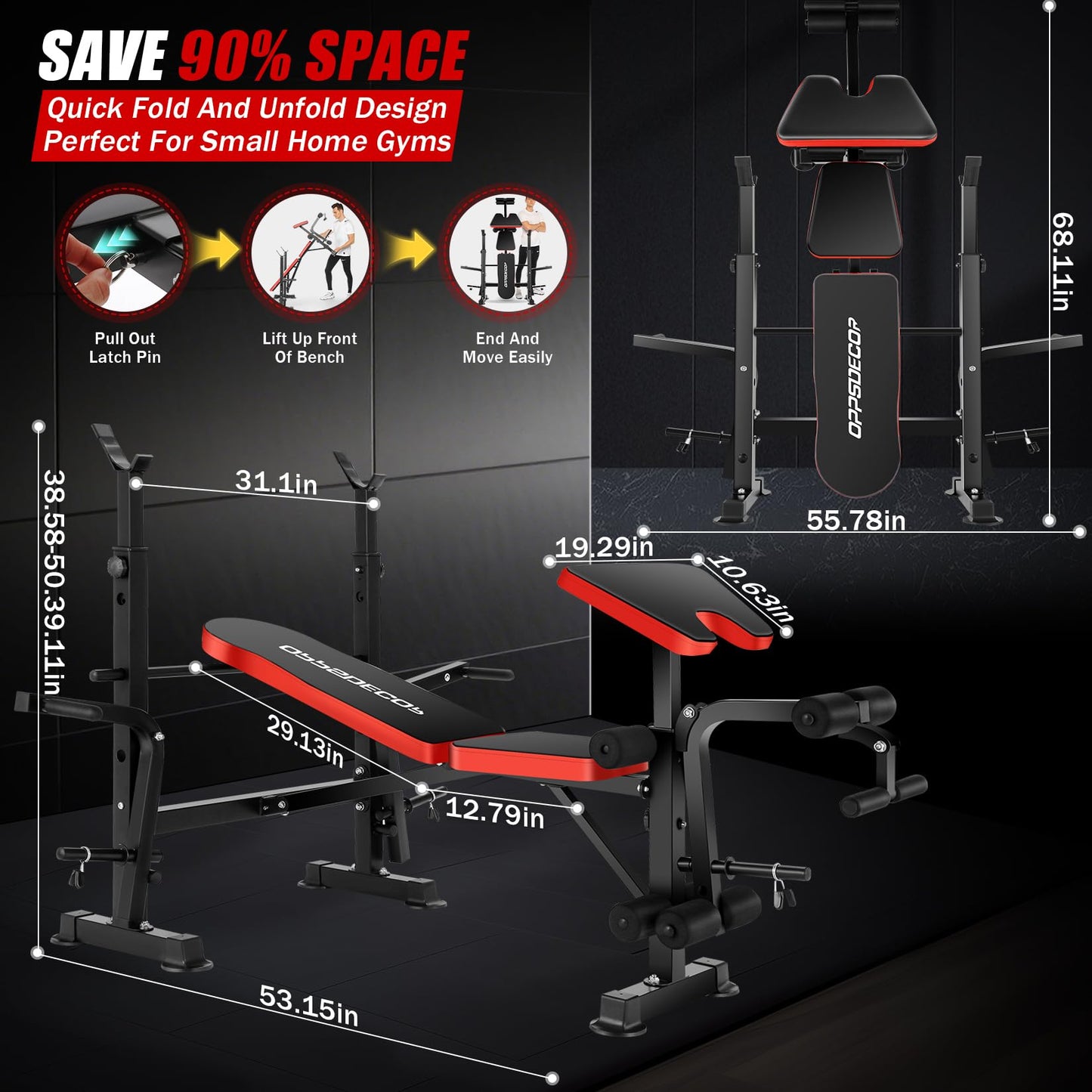 OPPSDECOR 6 in 1 900LBS Weight Bench with Leg Extension and Leg Curl, Foldable Bench Press Set and Squat Barbell Rack with Preacher Curl, Adjustable Workout Bench for Home Gym Strength Training PXZXYX1 (Red)