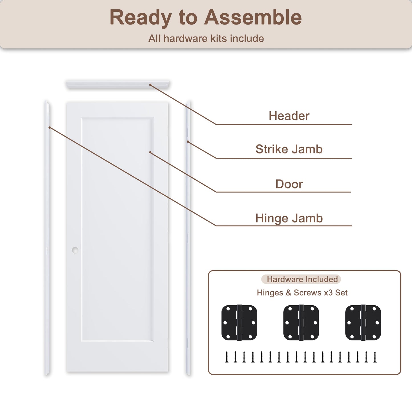 JUBEST 32"x80" Left-Hand Prehung Interior Door with Knock Down Jamb Kit & Matte Black Hinges, 1-Panel White Primed Hollow Core Molded Door Slab with Bore & Hinge Cutout, Durable & Sturdy, No Handle