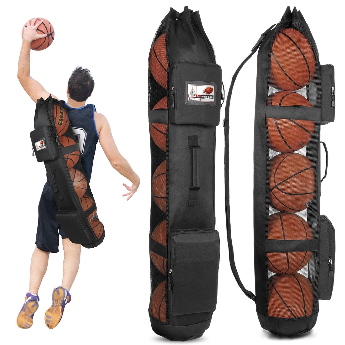 Skureay Basketball Bag for Team Balls, Heavy Duty Basketball Coashes Bag for 5 Basket Balls - Mesh Bags for Coaching/Adjustable Shoulder Straps/Volleyball Accessories