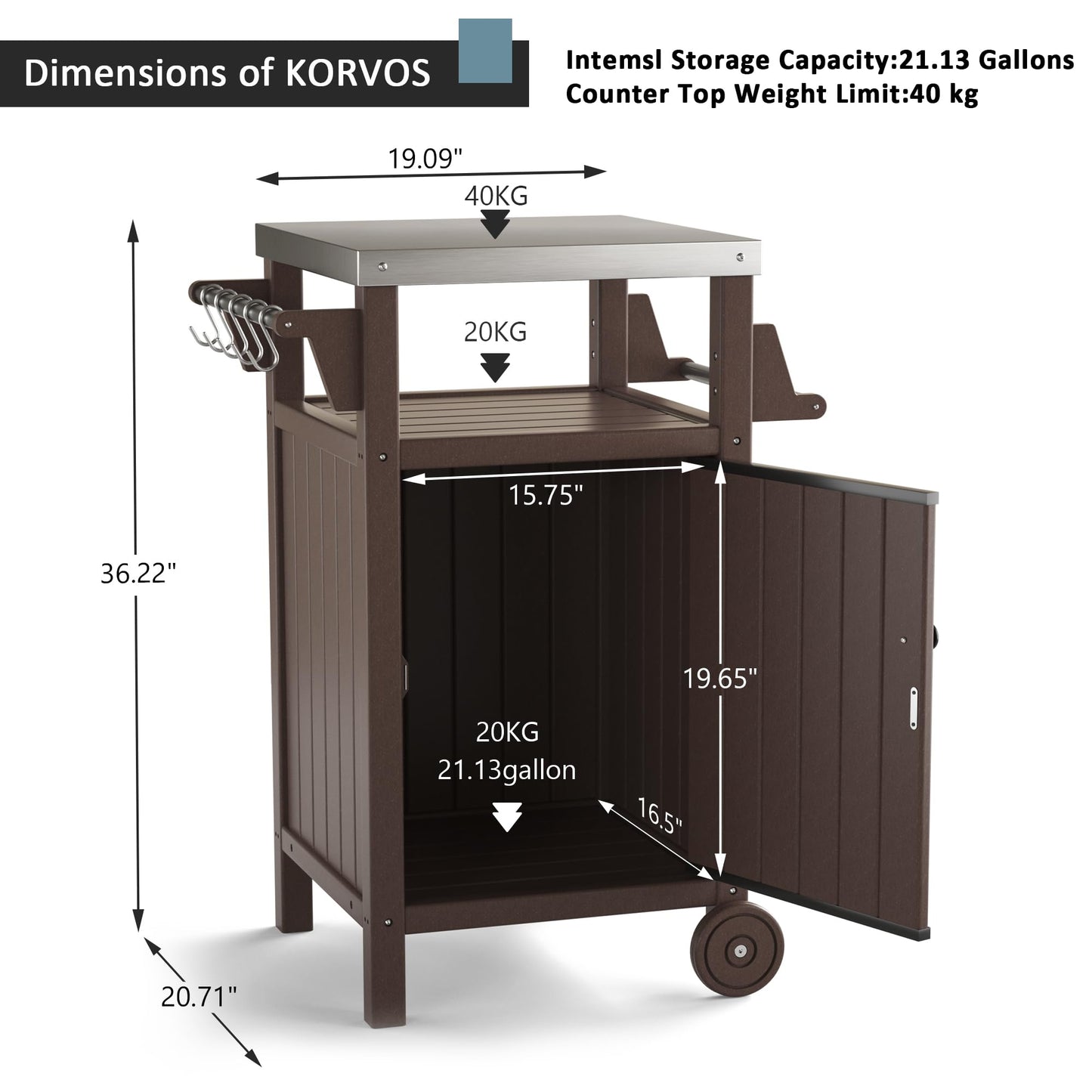 KORVOS Kitchen Portable Outdoor Grill Cart, Patio Movable Bar Cart with 304 Stainless Steel Top&HDPE Frame, BBQ Table for Indoor,Outdoor&All Weather Use, Brown
