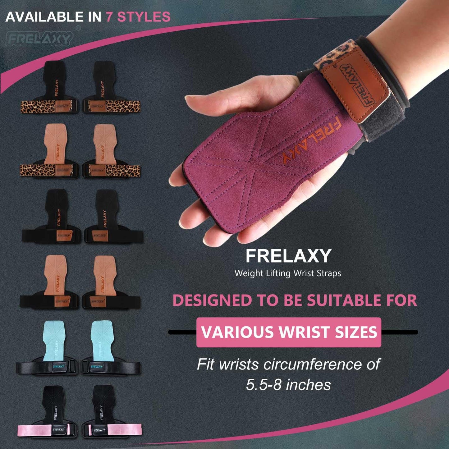 Frelaxy Lifting Wrist Straps Women and Men, Weight Lifting Grips with Cushion Wrist Loop, Double Layer Leather and Storage Pouch, Gym Workout Straps for Deadlift and Powerlifting (Purple/Leopard)