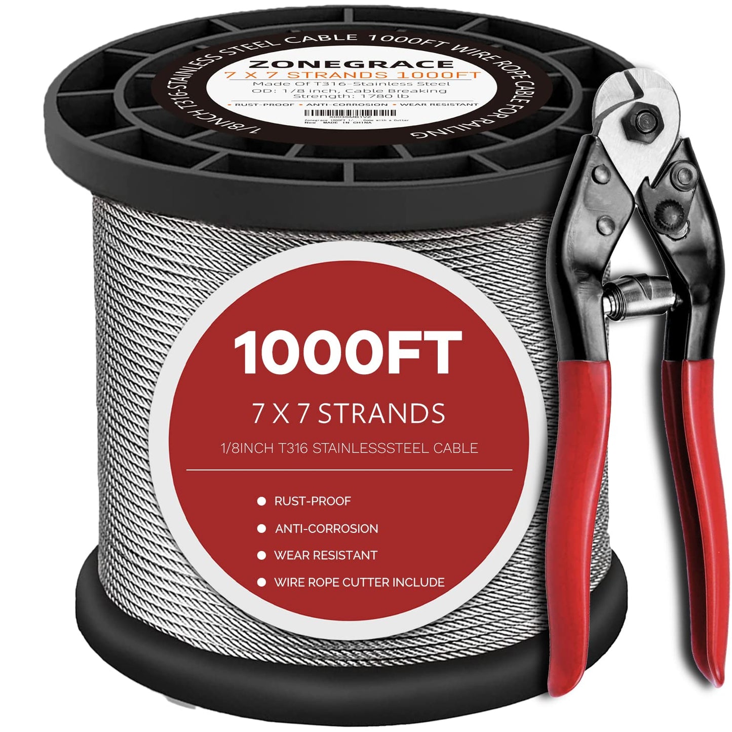 1000FT 1/8 T316 Stainless Steel Cable for Deck Railing, 7x7 Aircraft Wire Rope, Premium Balustrade Kit with Cutter, DIY Stair & Porch Cable System