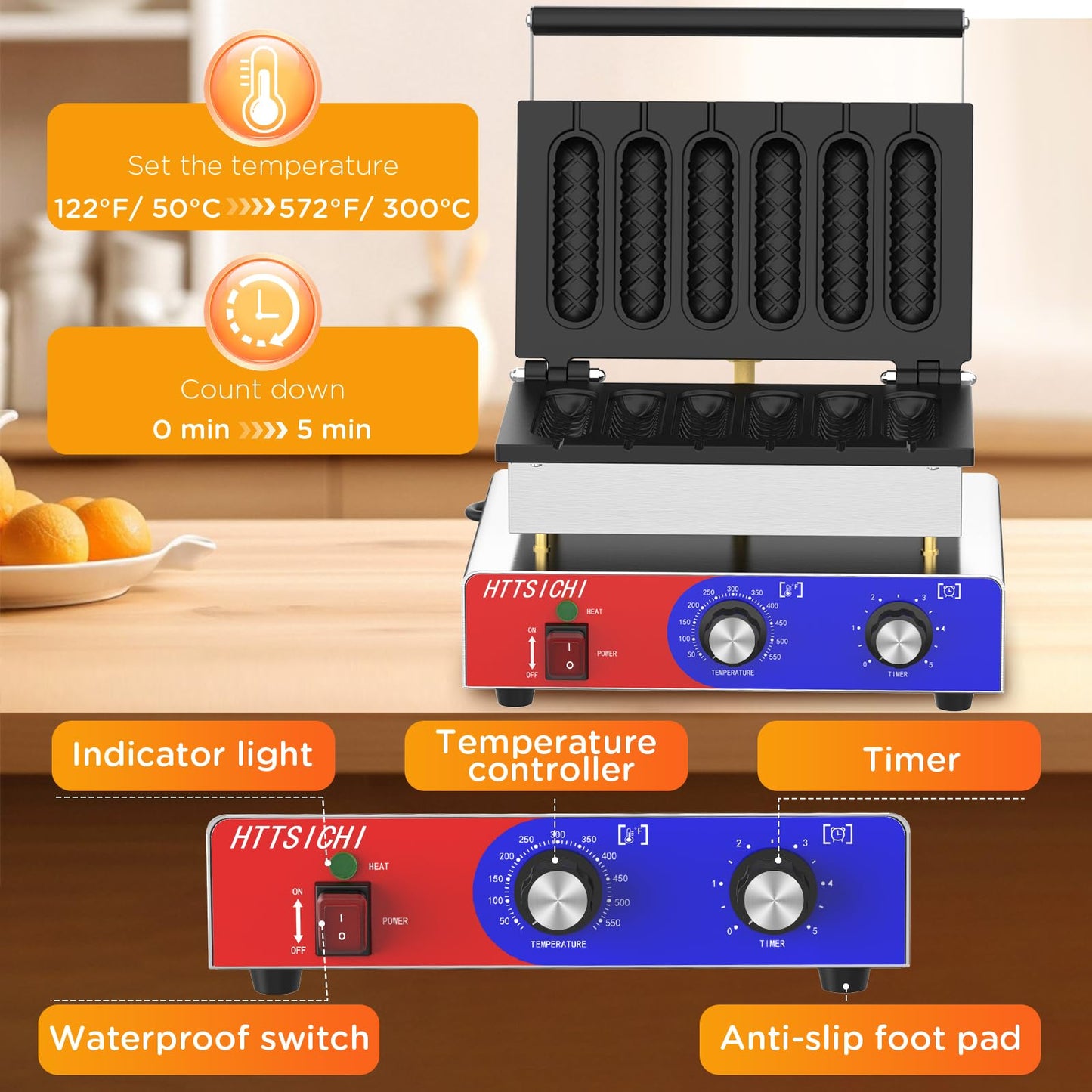 HTTSICHI Waffle Stick Maker -Commercial Corn Dog Maker w/Non-stick Baking Pans, 550 ℉ Temperature and Timer, 1550W Corndog Maker Machine for Double Baking, 110V Waffle Stick Maker Machine for Hotel