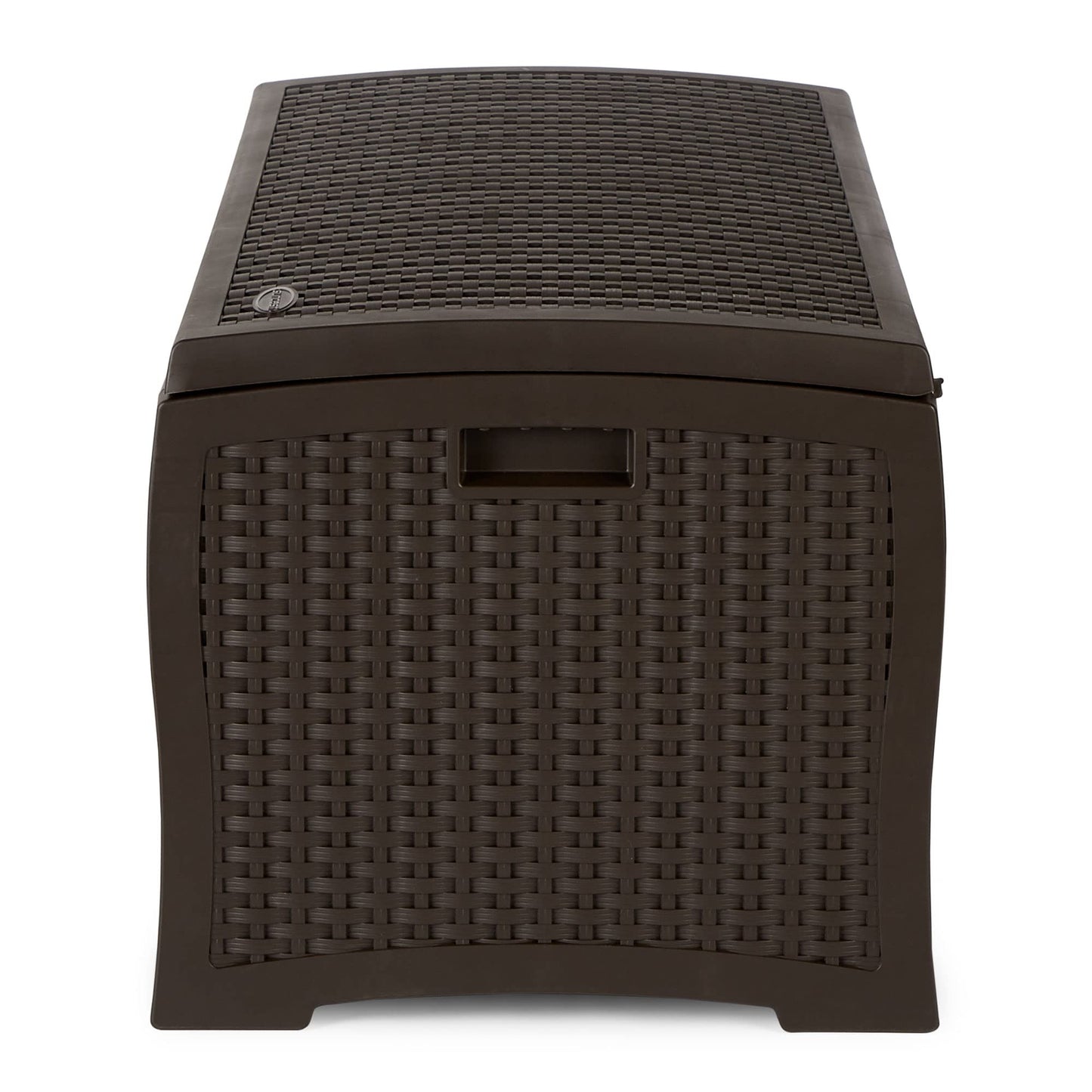 Suncast Outdoor Storage Box - 73 Gallon Mocha Brown Deck Box for Patio, weather-resistant Outdoor Storage Bench, Resin Wicker Style, Heavy-Duty, Lockable Lid for Cushions, Shoes, Pool & Garden Gear