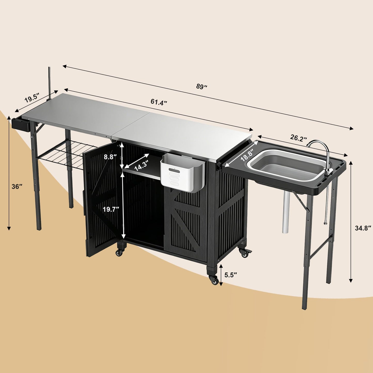 aoole Outdoor Grill Cart with Storage Cabinet, 3-in-1 Movable Kitchen Island Cart, Outdoor Grill Cooking Station with Stainless Steel Countertop&Rolling Wheels&Folding Side Tables for Backyard Patio