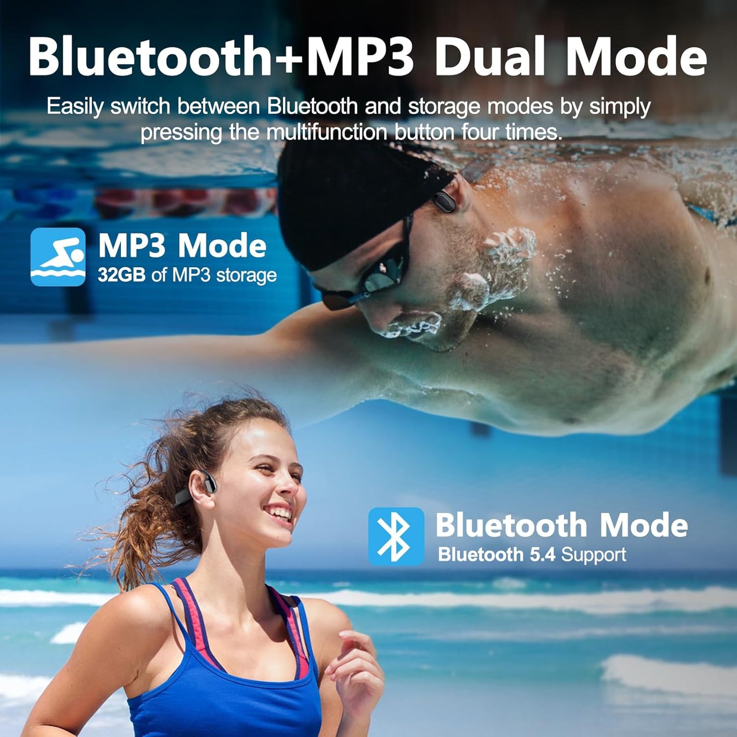 Swimming 5.4, IPX8 32GB MP3 Swimming, Headphones, Bone Conduction Headphones Bluetooth Waterproof with Player, Open