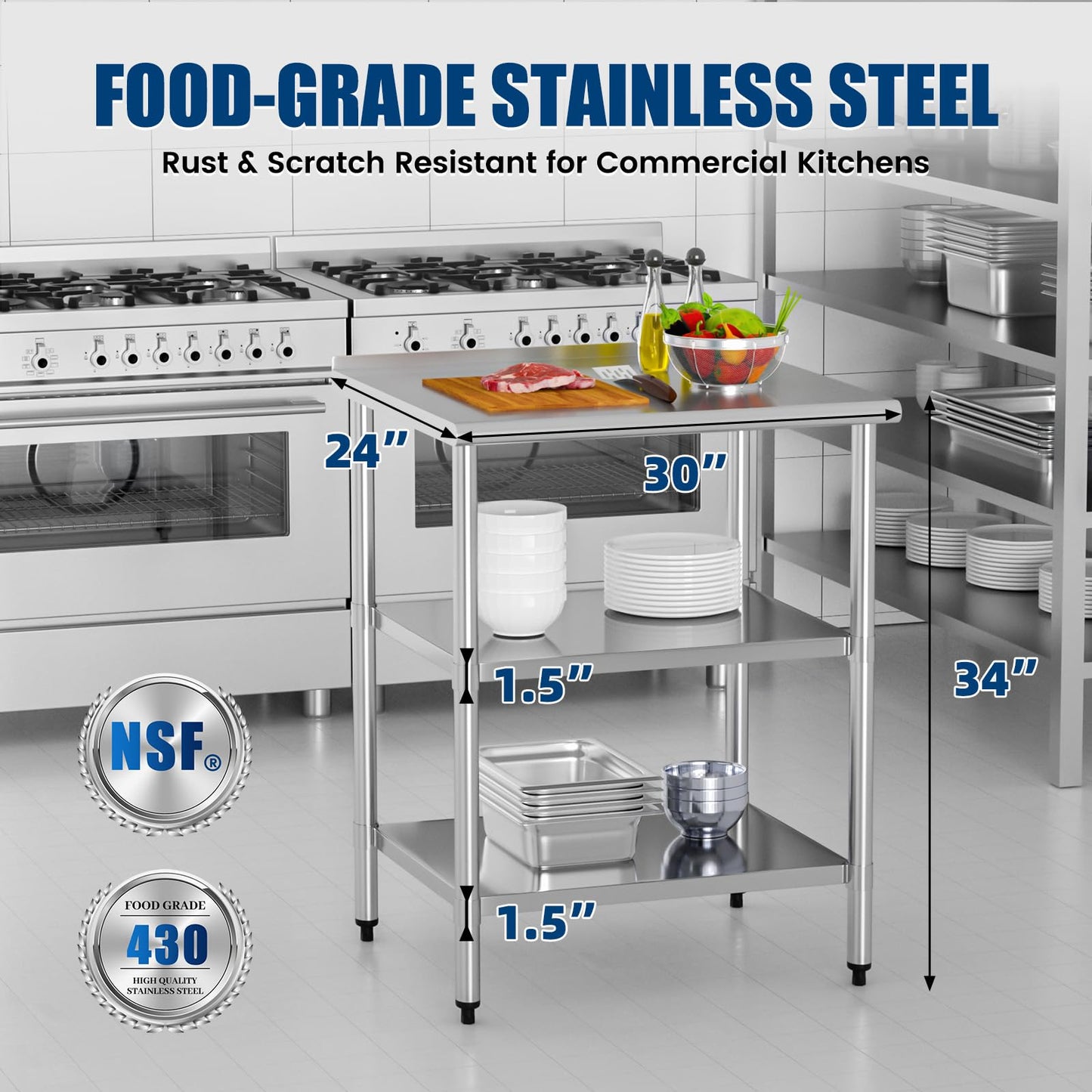 Chingoo Stainless Steel Work Table 24x30 Inch with 2 Adjustable Undershelves & Backsplash, Heavy-Duty Prep Table for Commercial Kitchen, Restaurant, Garage, Outdoor