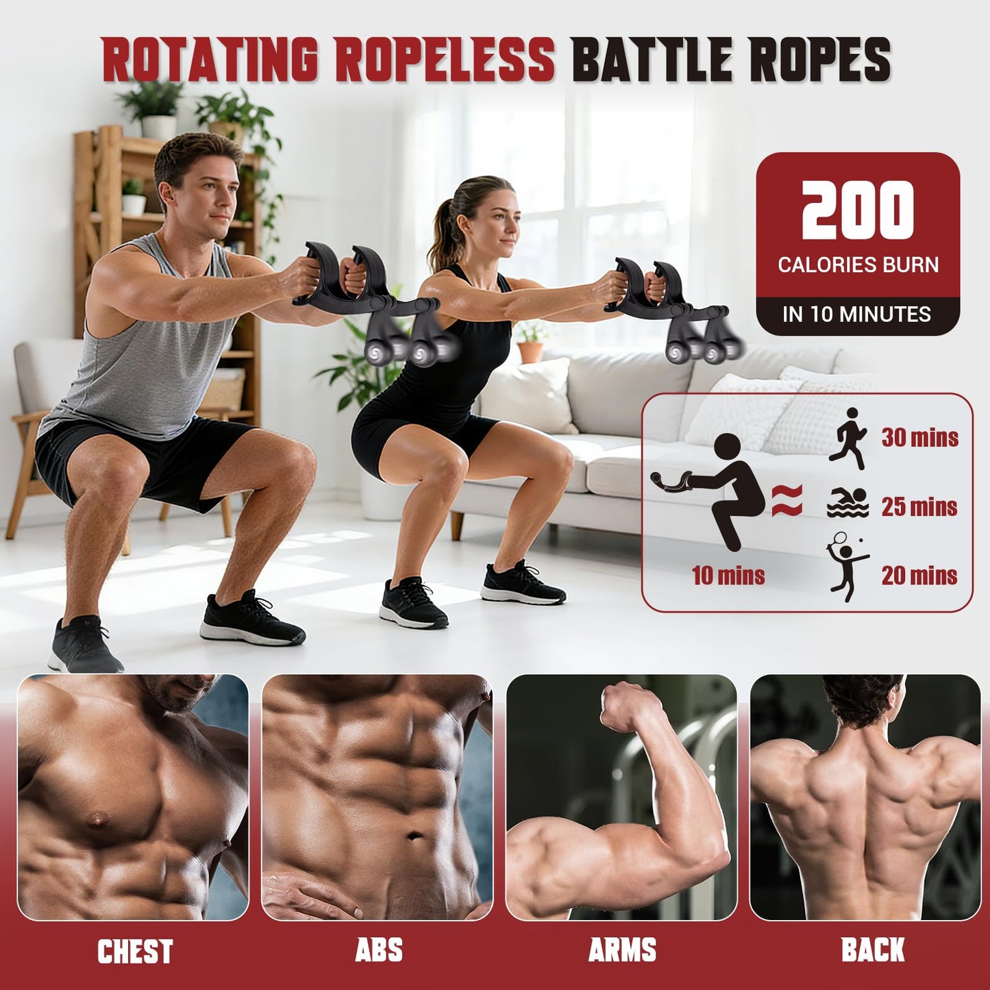 Rotating Ropeless Battle Rope, Weighted Cordless Battle Ropes for Home Gym with Quiet Bearings, Portable Battle Rope Sticks for HIIT, Cardio, Strength Training, Fitness Equipment for Men & Women(2PC)