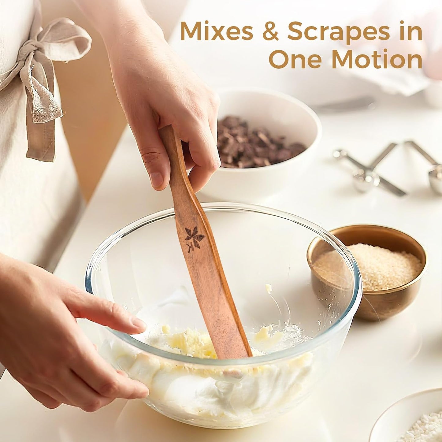 Skiennix 2 Pack Spurtle Set - Danish Dough Whisk & Jar Spatula in Solid Teak Wood for Bread Making