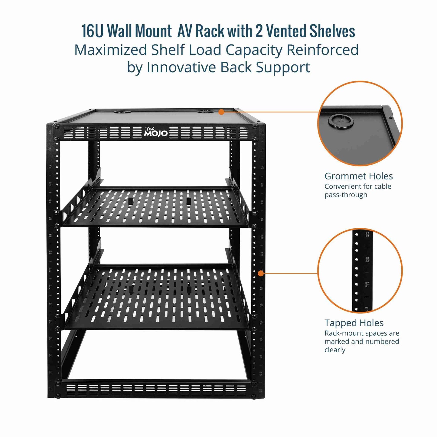 Tecmojo 16U Open Frame Network Rack for IT & AV Gear, AV Rack Floor Standing or Wall Mounted,with 2 PCS 1U Rack Shelves & Mounting Hardware,Network Rack for 19" Networking,Audio and Video Device