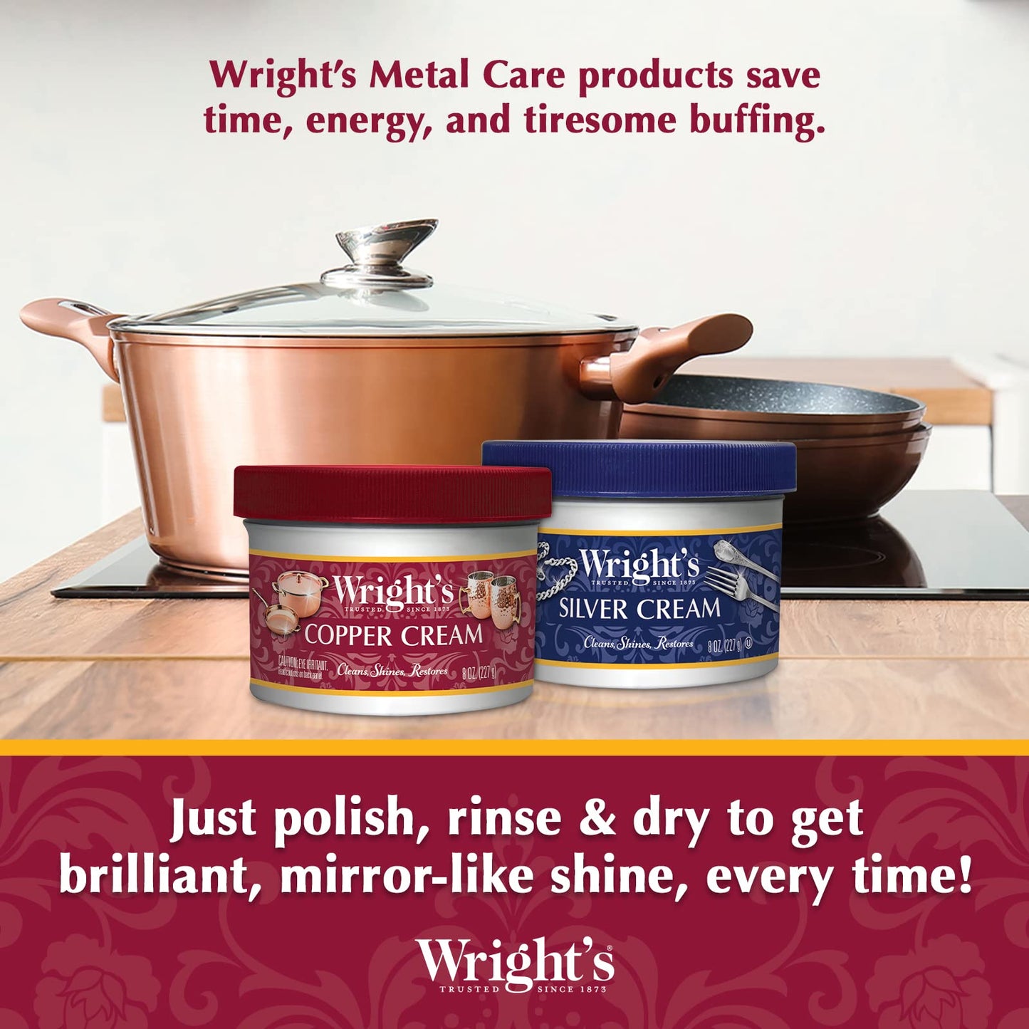 Wright's Copper Cream Cleaner - 8 Ounce 2 Pack with Polishing Cloth - Gently Cleans and Removes Tarnish without Scratching