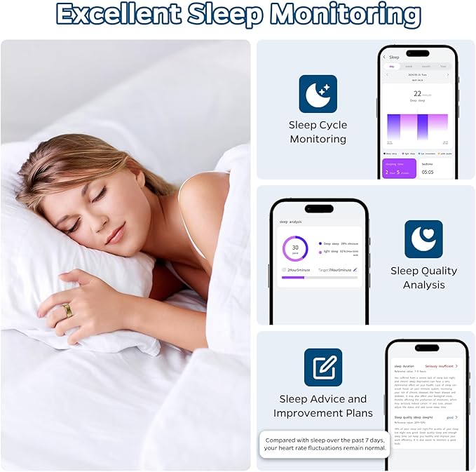 Smart Ring Health Tracker, Sleep Tracker Ring with Heart Rate, Waterproof Fitness Ring for Activity Monitoring/Steps/Distance/Calories, Air Gestures,Up to 7-Day Battery, for iOS and Android (Gold,#8)