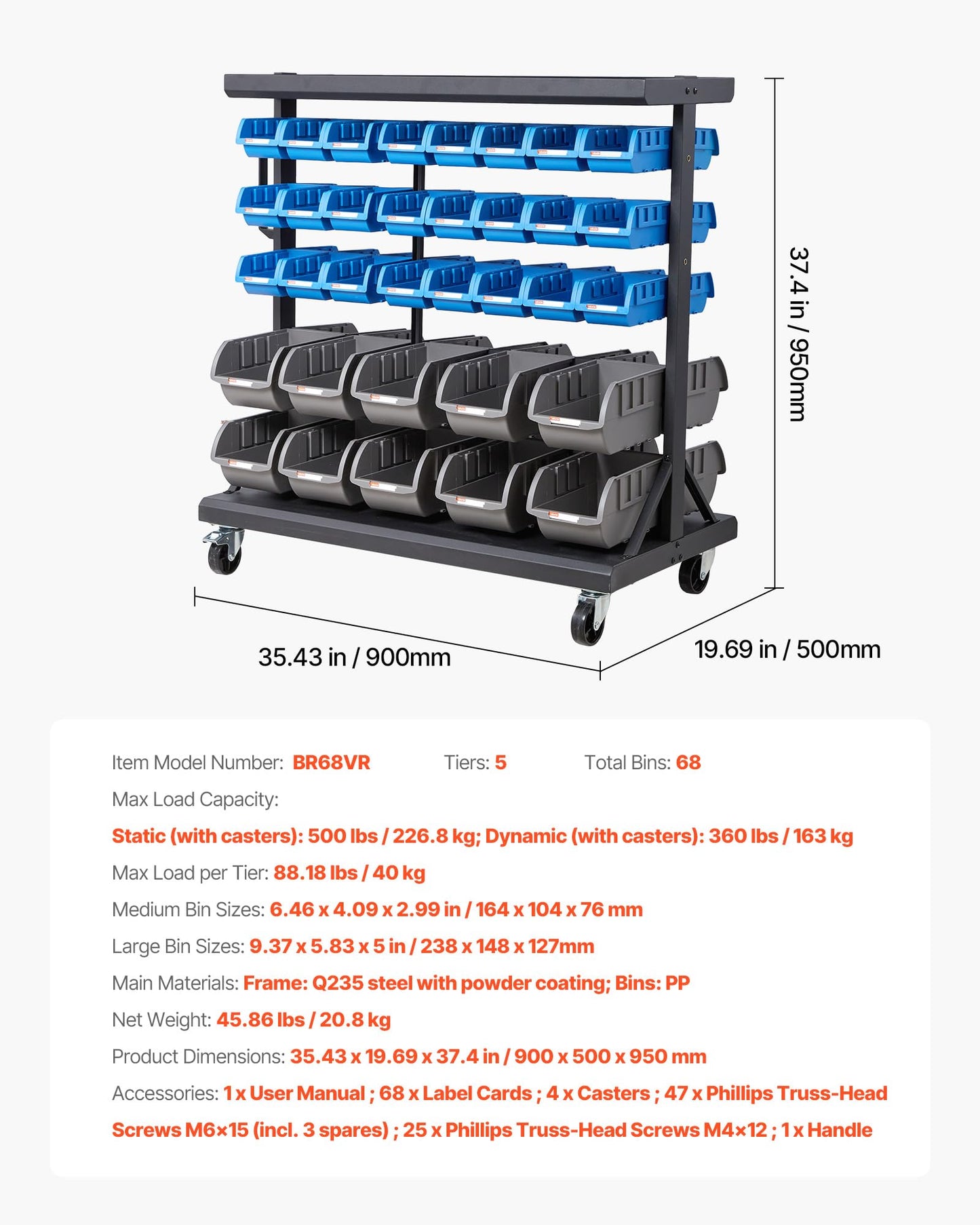 VEVOR 5-Tier Double-Sided Rolling Bin Storage Rack, 68 Plastic Bins, Dual-Sided Parts Organizer with Wheels, Mobile Tool Organizer for Garage, Warehouse, Office, Restaurant, Classroom, Kitchen